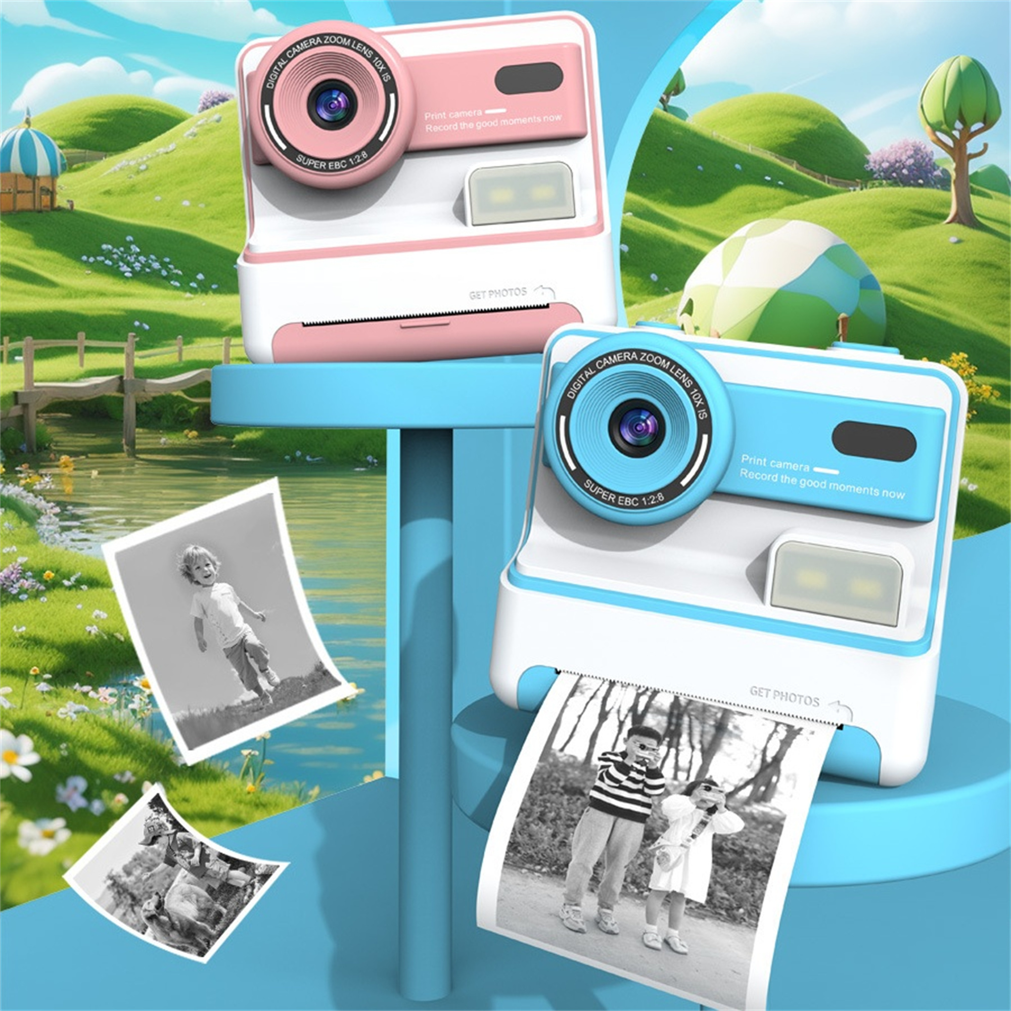 Rosa und blaue Spielzeugkameras drucken Fotos. Zwei Kameras und drei gedruckte Fotos.