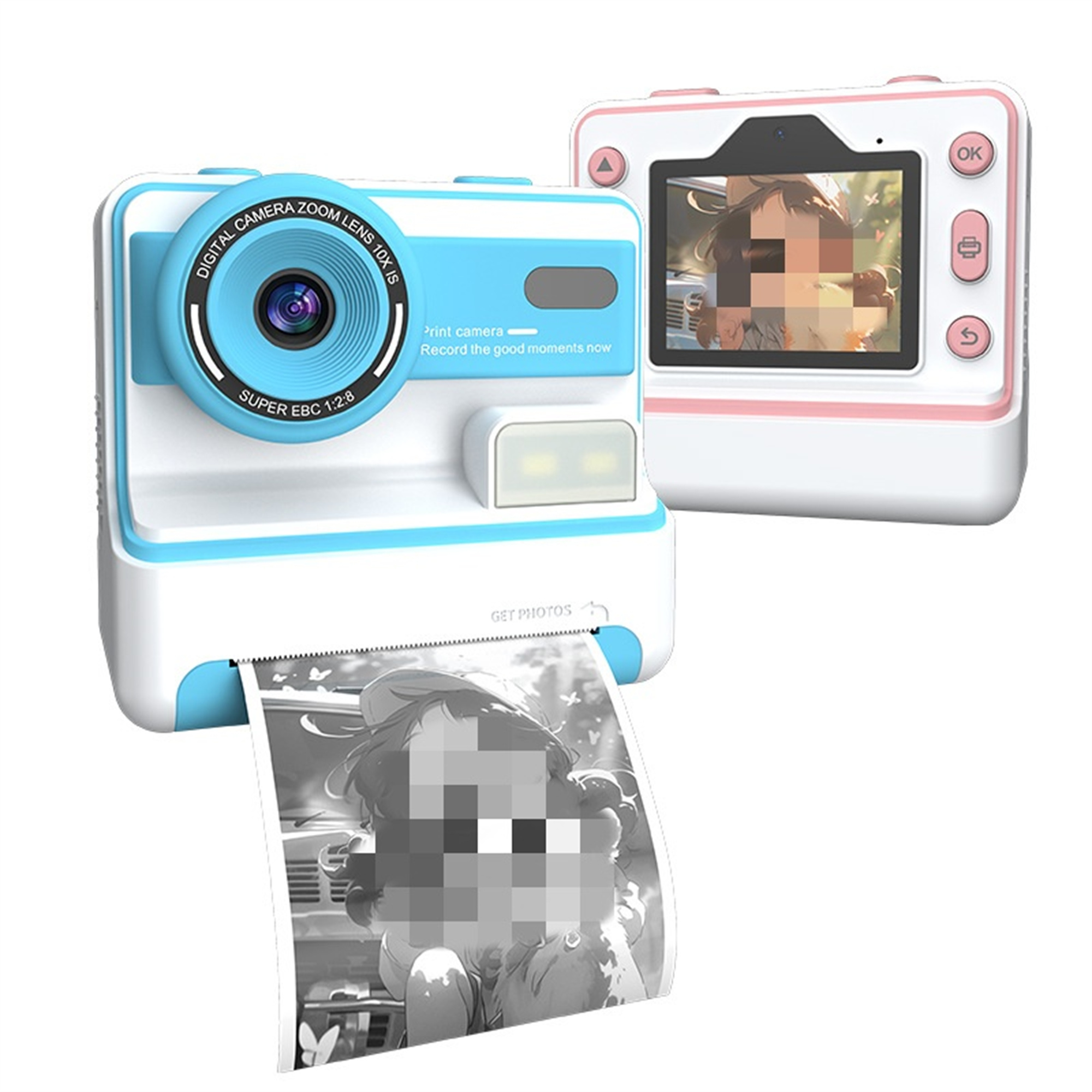 Eine weiße und blaue Digitalkamera, aus der ein Foto gedruckt wird.