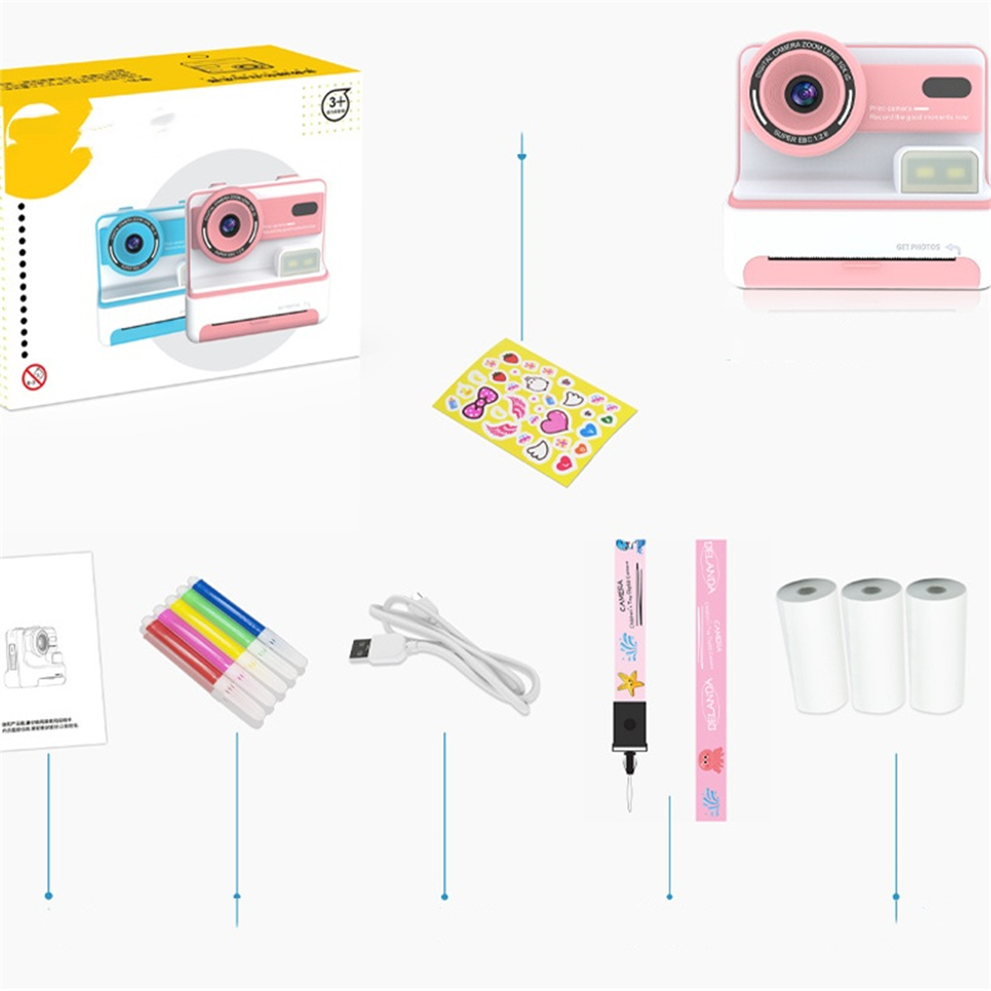 Rosa Kamera mit Zubehör. Box mit Kameras, Aufklebern, Stiften, Papier und USB-Kabel.