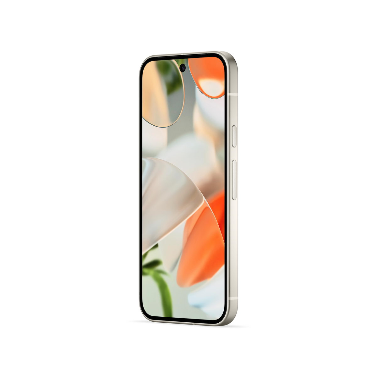 Srebrny smartfon z kolorowym ekranem pokazany z boku na białym tle.