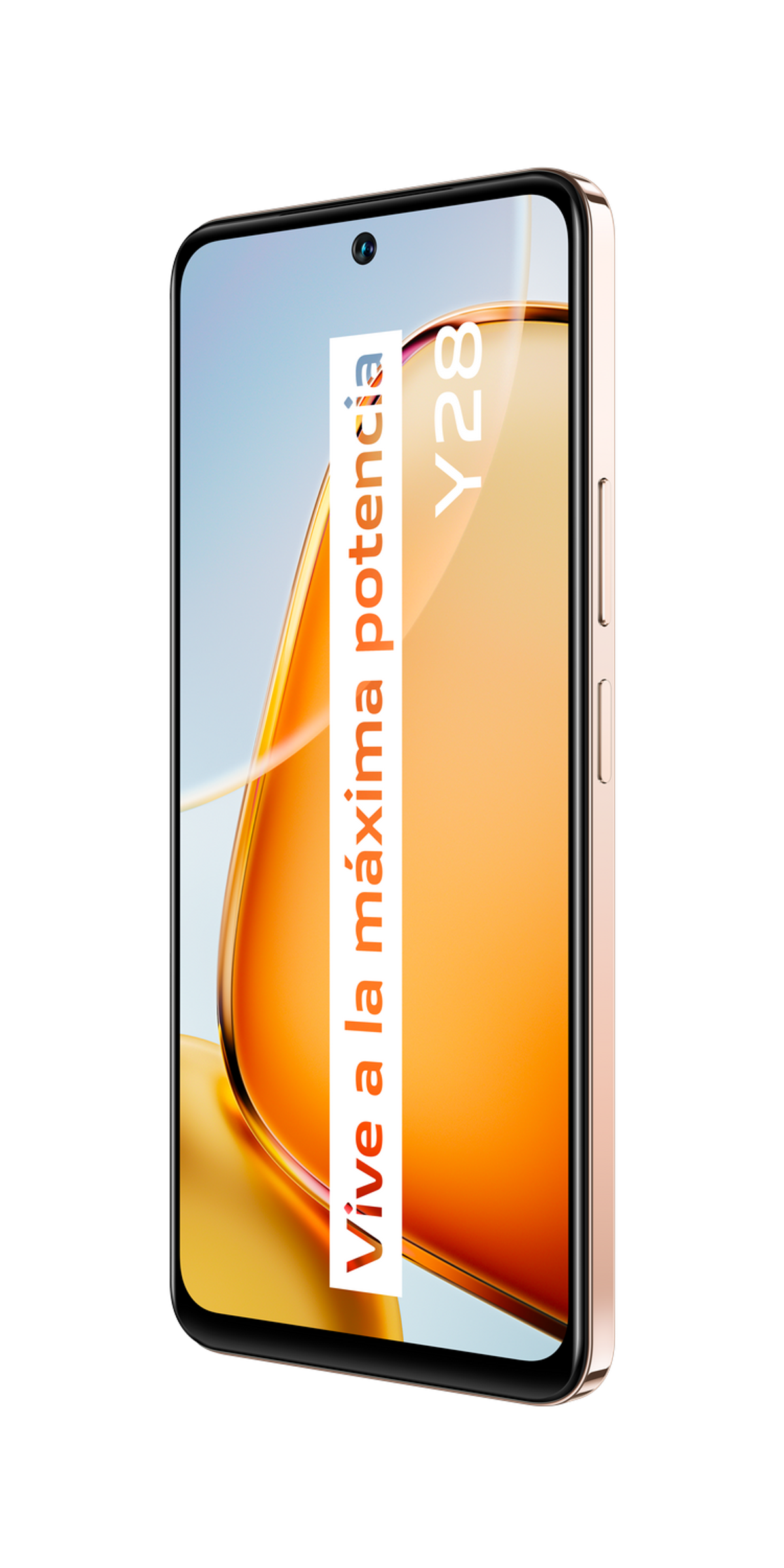 Złoty smartfon, widok z boku. Ekran pokazuje tekst "Vive a la máxima potencia".