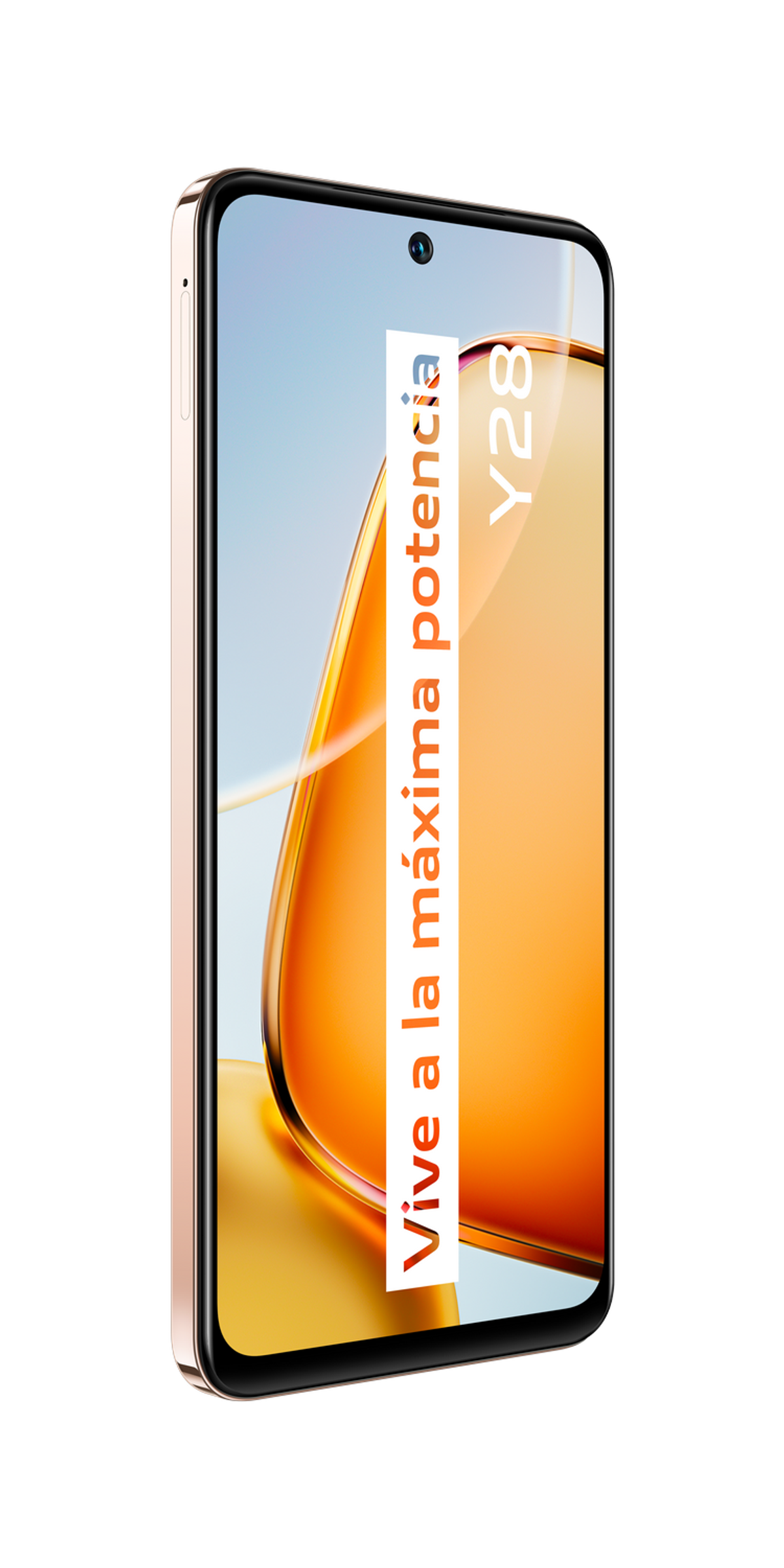 Złoty smartfon z jasnopomarańczowym wyświetlaczem. Tekst: Vive a la máxima potencia.