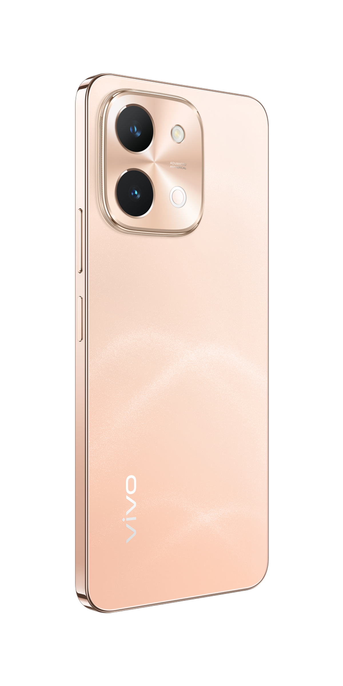 Smartphone color oro, vista posteriore che mostra fotocamera e marchio vivo. Sfondo nero.