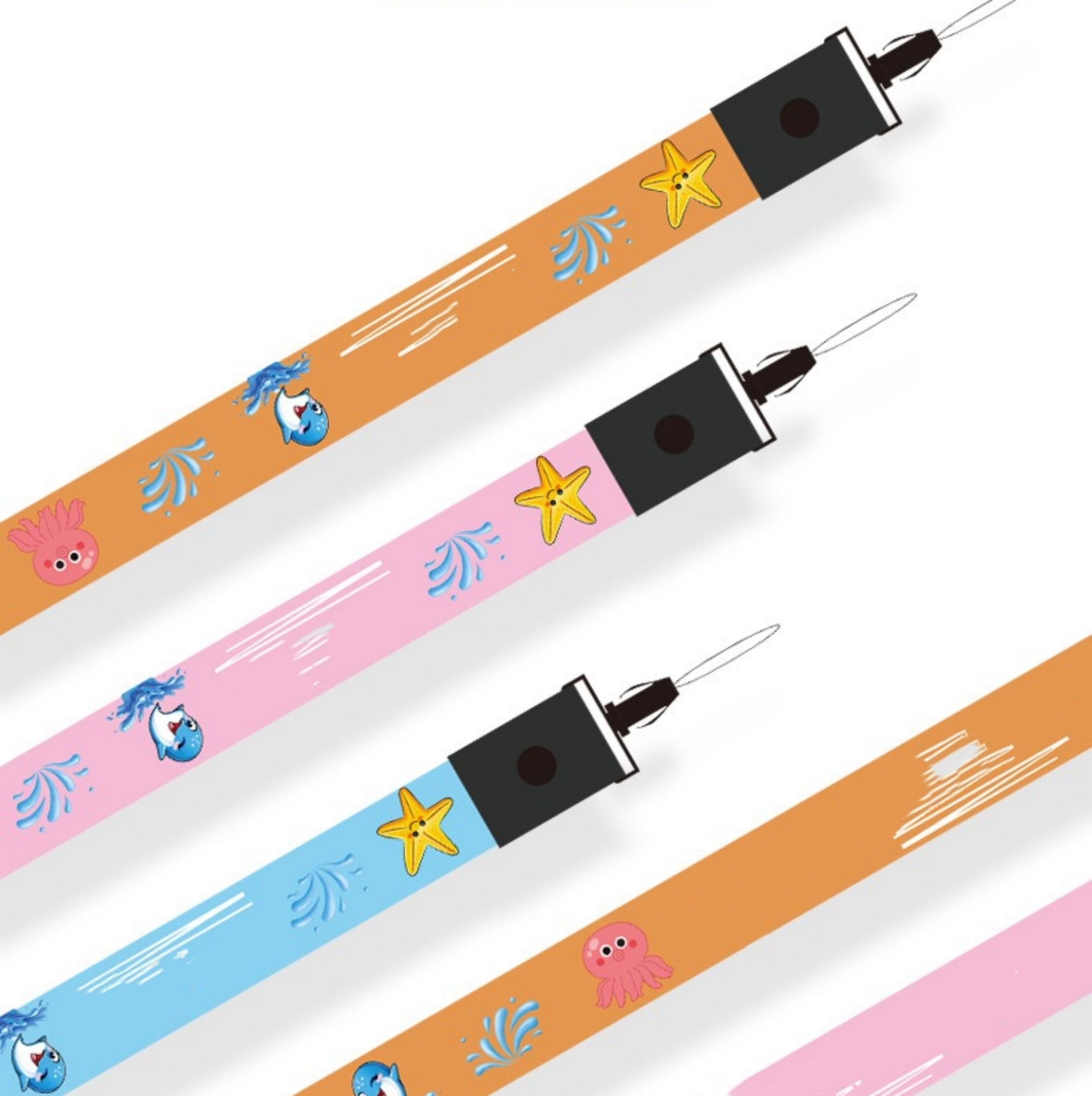 Drei bunte Lanyards mit Meereslebewesen-Designs. Sie haben schwarze Clips und sind auf weißem Hintergrund.