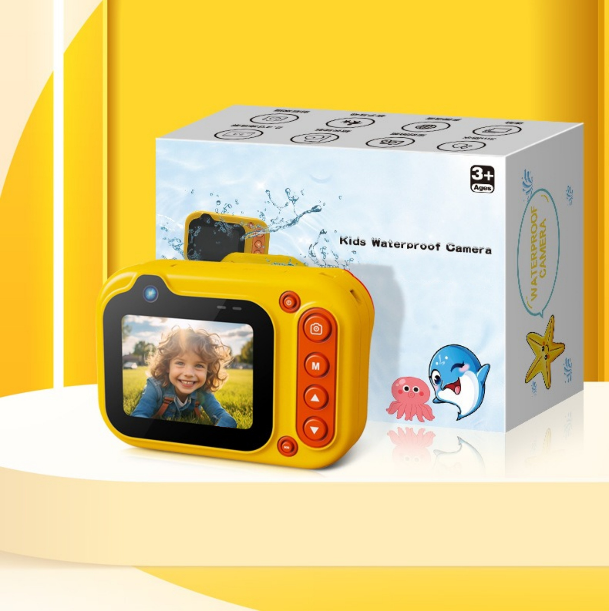 Gelbe wasserdichte Kinderkamera und -box. Auf dem Kamerabildschirm ist ein Junge zu sehen.