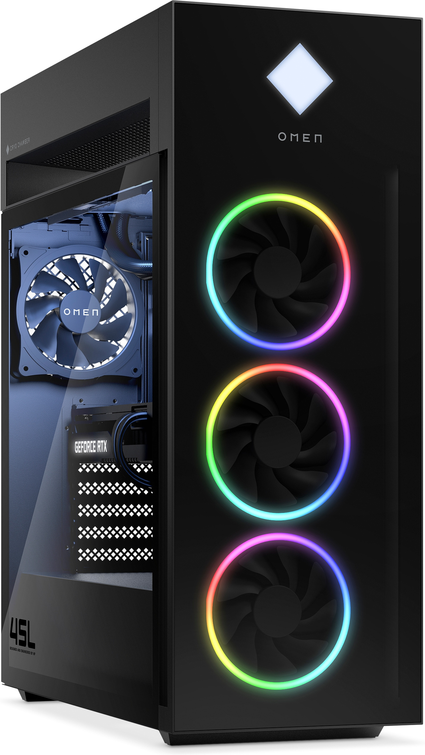 A computer tower shows its interior. The front has three fans with colorful lights.
