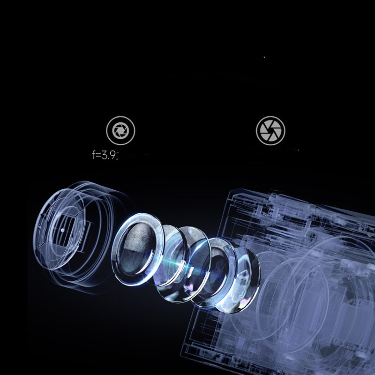 Schemat montażu obiektywu aparatu. Pokazuje soczewki i ogniskową. Schematy soczewek są przezroczyste.