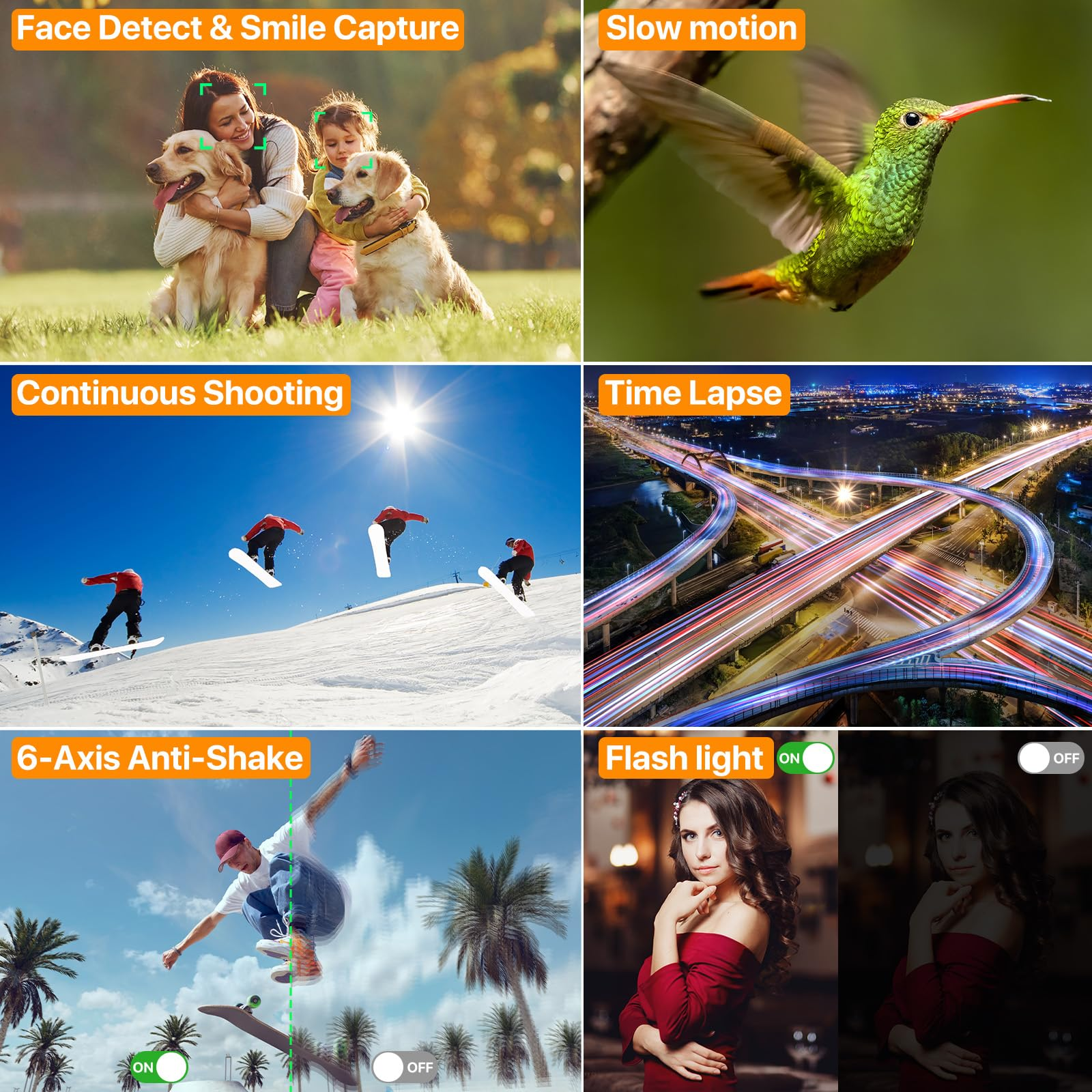 Kolaż funkcji aparatu: wykrywanie twarzy, zwolnione tempo, zdjęcia seryjne, upływ czasu, stabilizacja obrazu i lampa błyskowa.