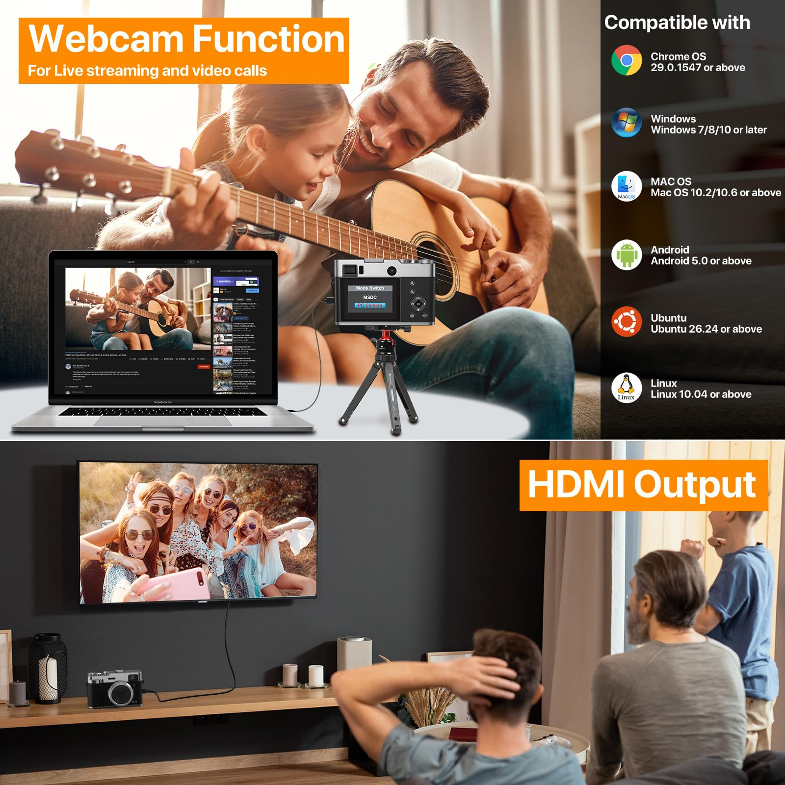 Rodzina z konfiguracją kamery internetowej. Dziewczyna gra na gitarze. TV pokazuje grupę.