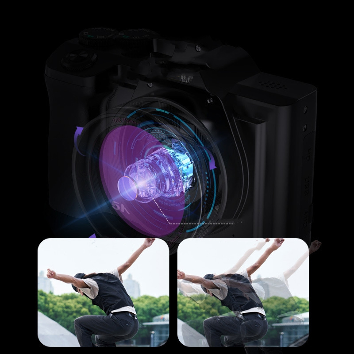 Aparat z obiektywem i ujęciami akcji.