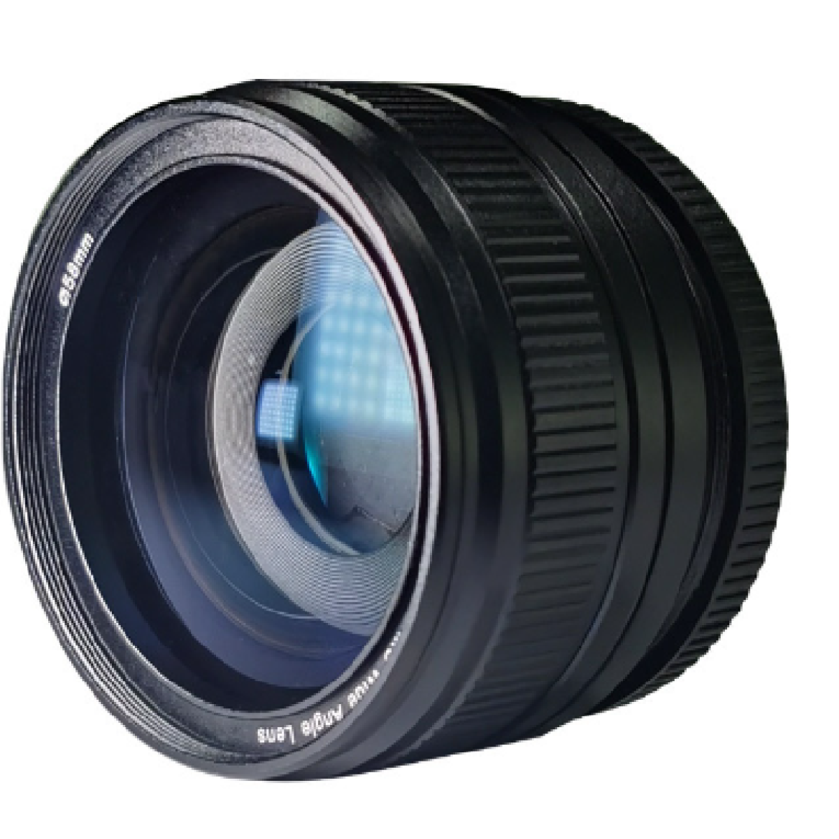 Czarny obiektyw z niebieskim odbiciem. Posiada pierścienie do ustawiania ostrości i oznaczenie średnicy 58 mm.