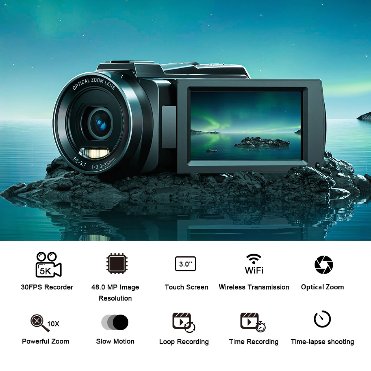 Czarna kamera wideo z wyświetlaczem pokazującym nocną scenę z zorzą polarną i ikonami.