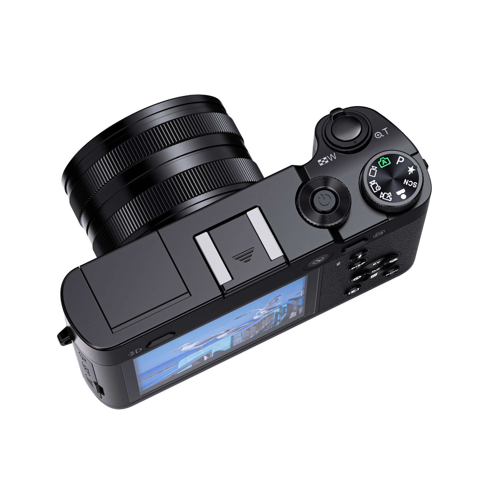 Czarny aparat, dołączony obiektyw, widok z góry, kilka przycisków i ekran.