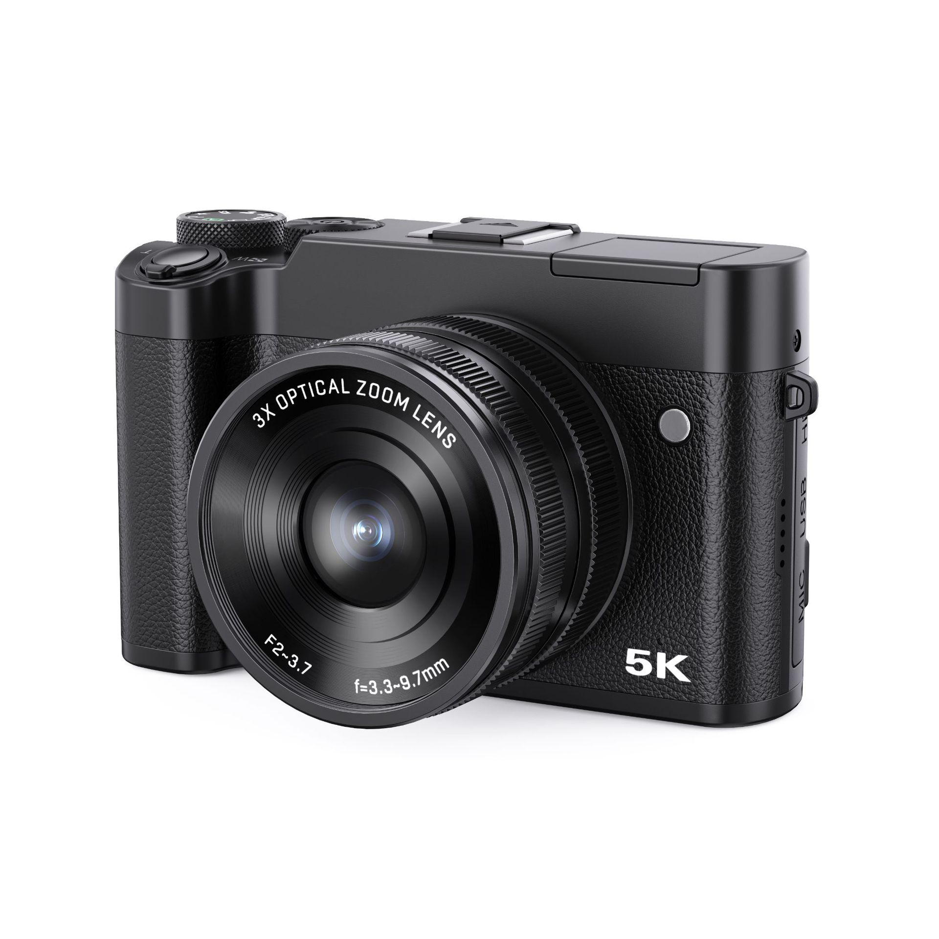 Czarny aparat cyfrowy z obiektywem z zoomem optycznym 3x na białym tle.