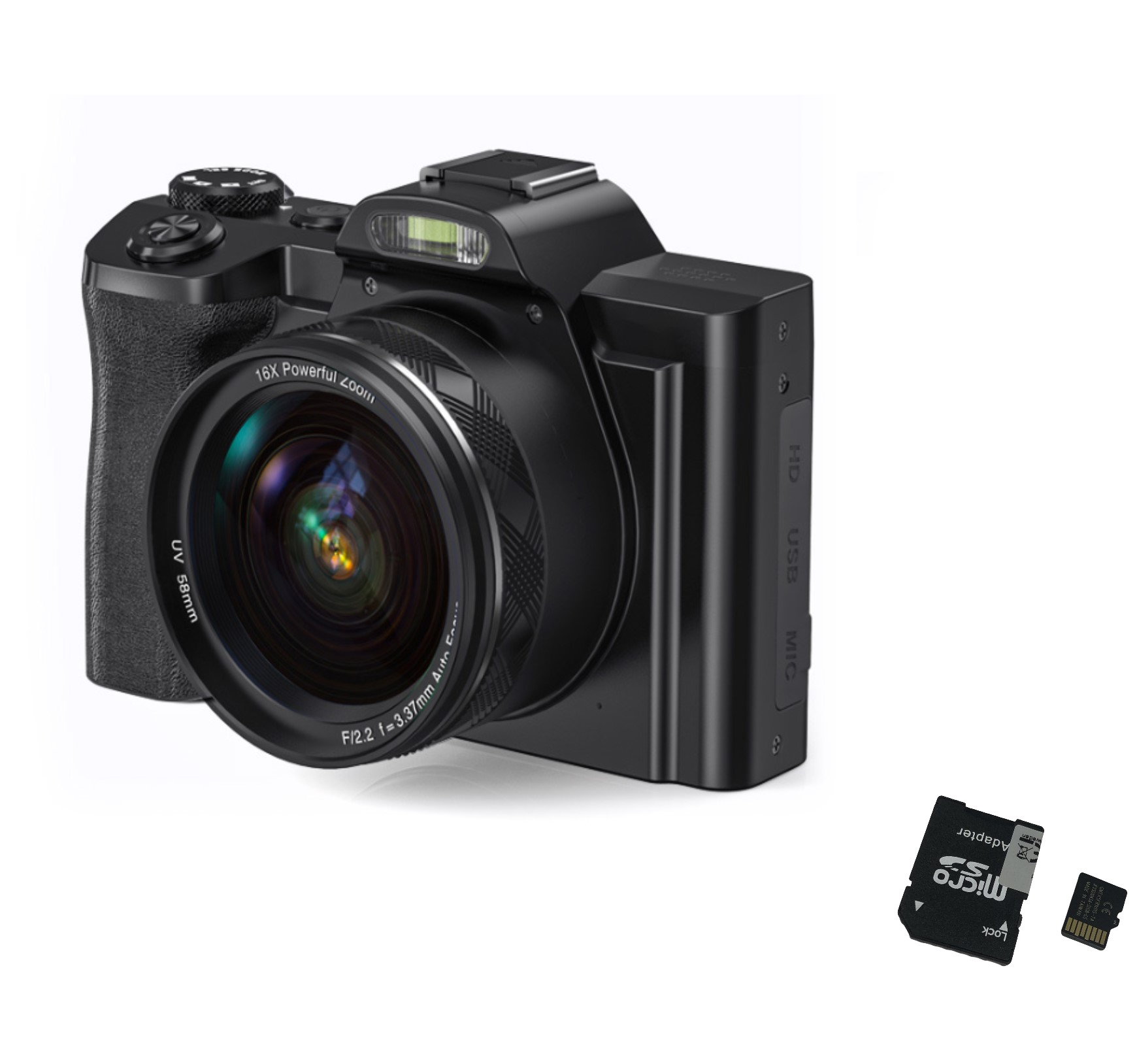 Czarny aparat z obiektywem i lampą błyskową obok karty micro SD i adaptera kart SD.