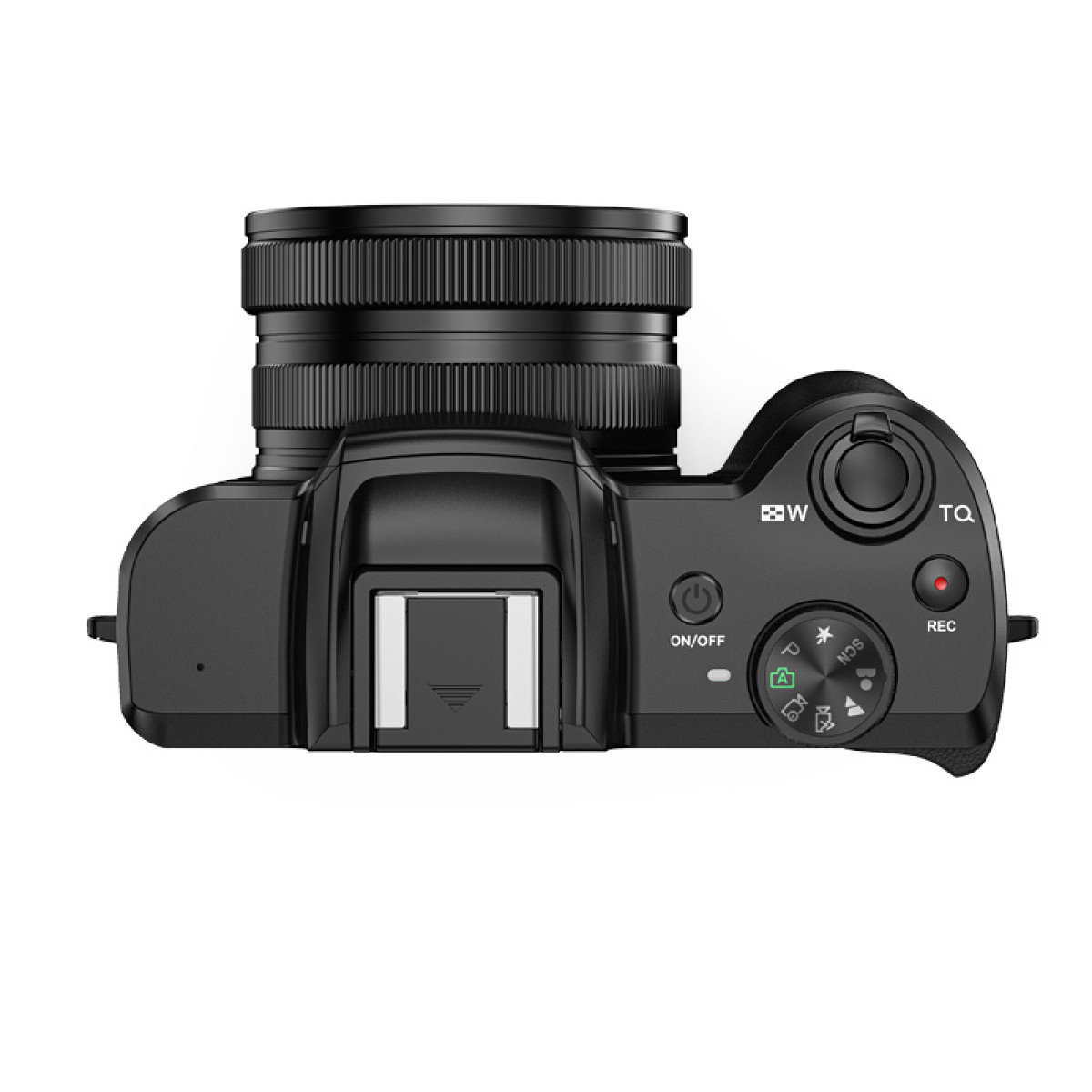 Czarny aparat, widok z góry, z przyciskami i obiektywem.