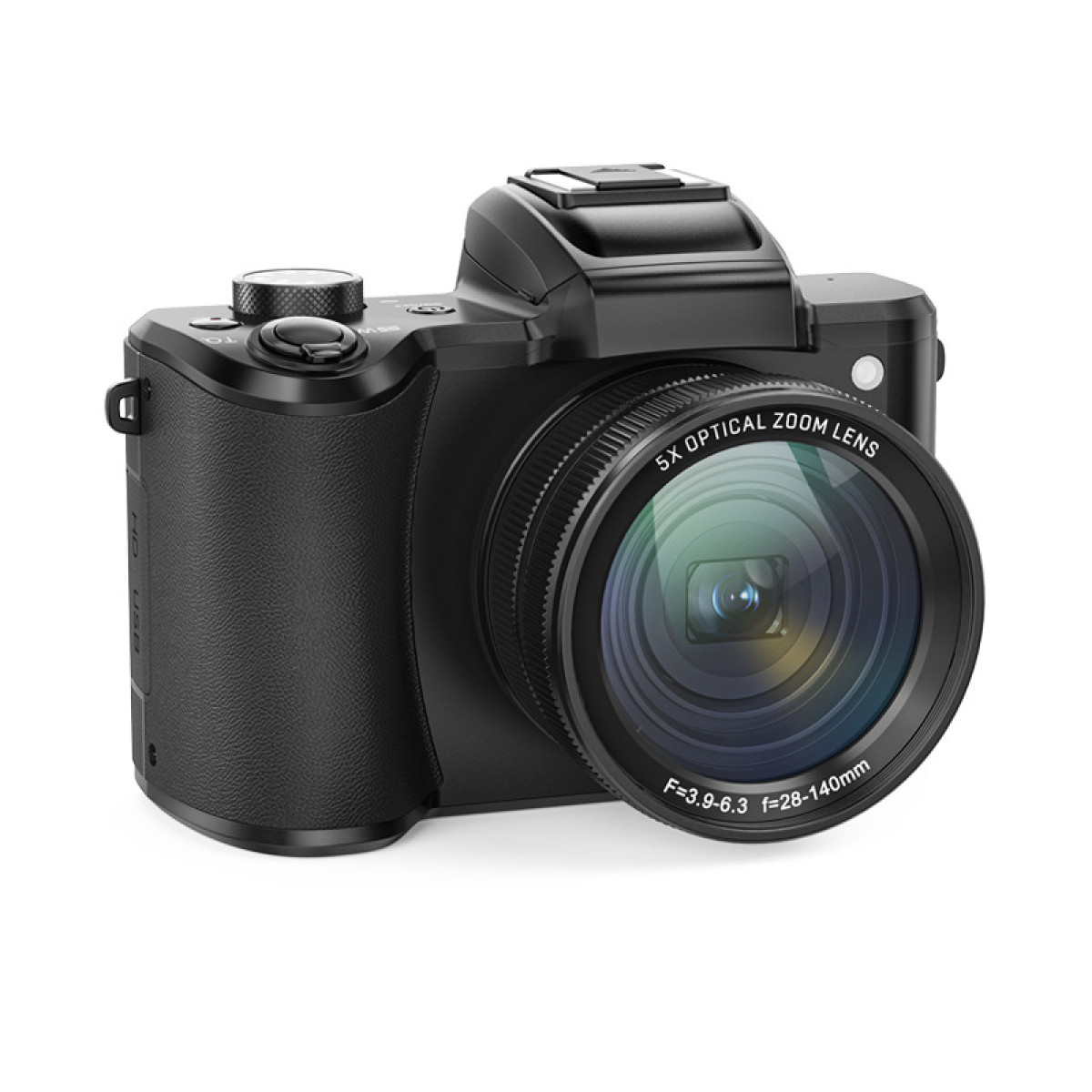 Czarny aparat z obiektywem, przyciskami i uchwytem, odizolowany na białym tle.