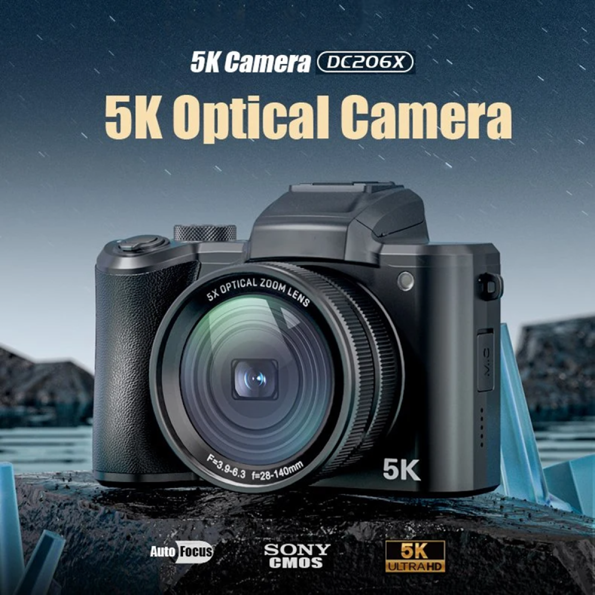 Czarny aparat optyczny 5K z obiektywem zmiennoogniskowym. Aparat ma tekst '5K' i '5K Ultra HD'.