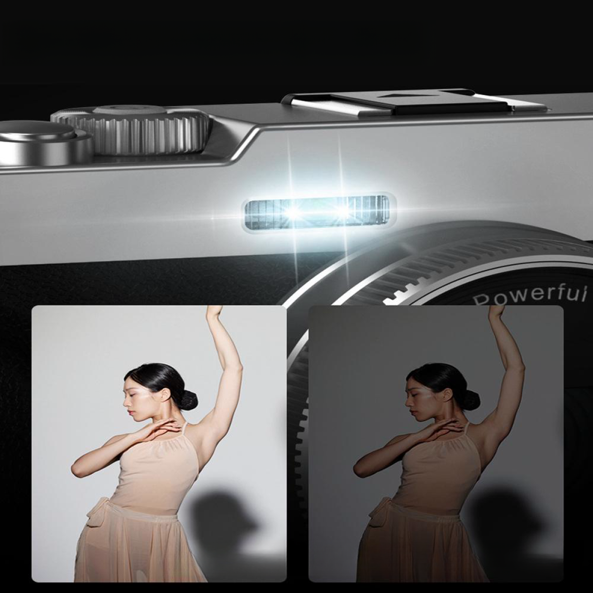 Aparat z lampą błyskową. Dwa zdjęcia: kobieta w sukience, jedno z lampą błyskową, a drugie bez, pokazujące różnicę.