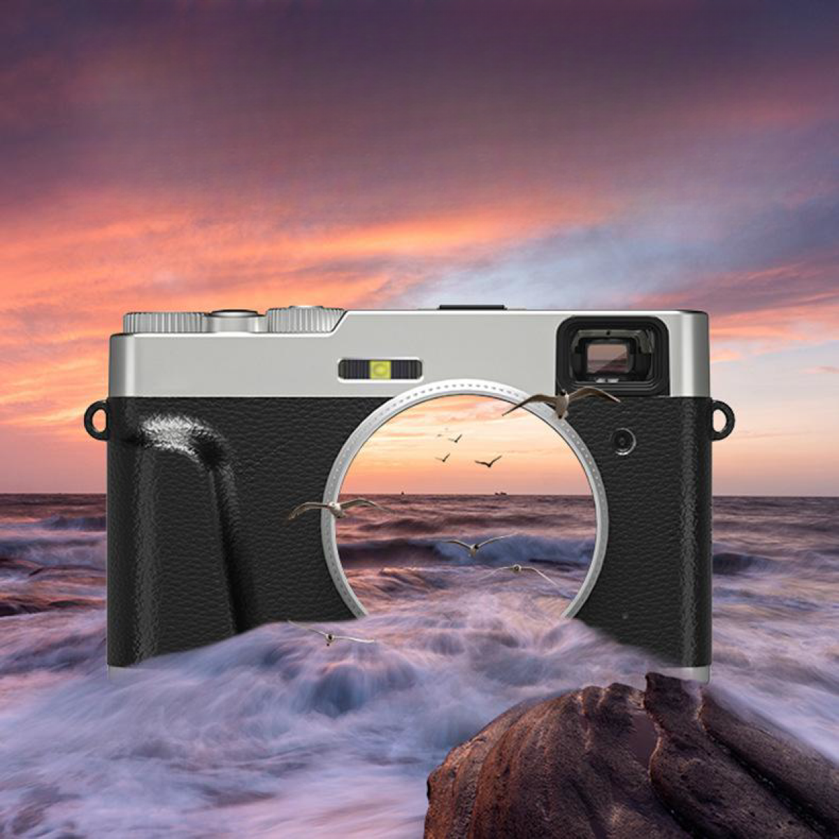 Aparat z malowniczym widokiem przez obiektyw. Morze i niebo widoczne przez aparat.
