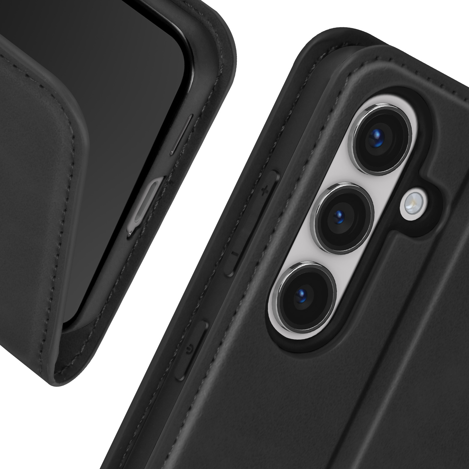 Primo piano di una custodia nera per telefono con un telefono. Mostra l'array della fotocamera e i pulsanti laterali.