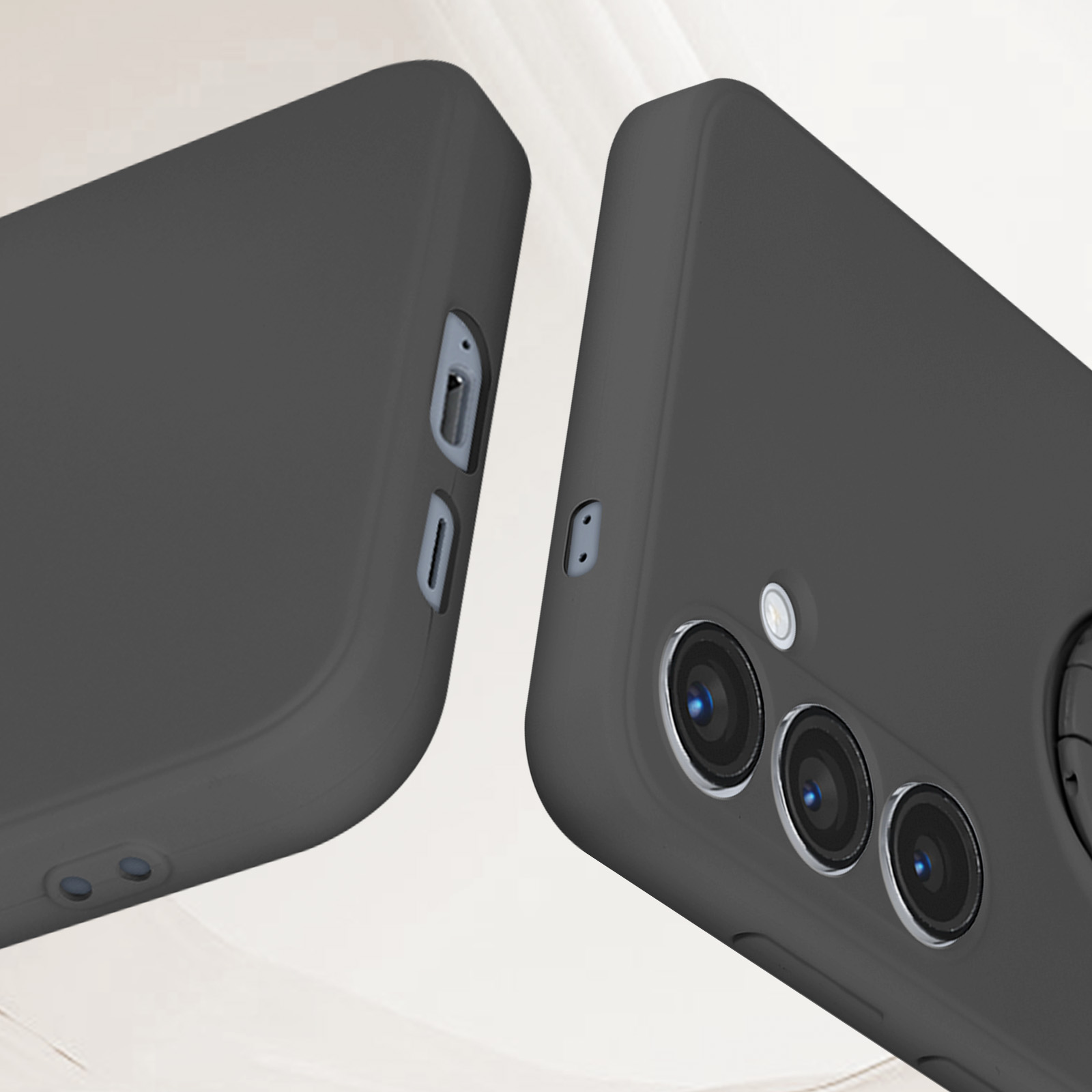 Due custodie per telefono grigio scuro, che mostrano i ritagli della fotocamera.
