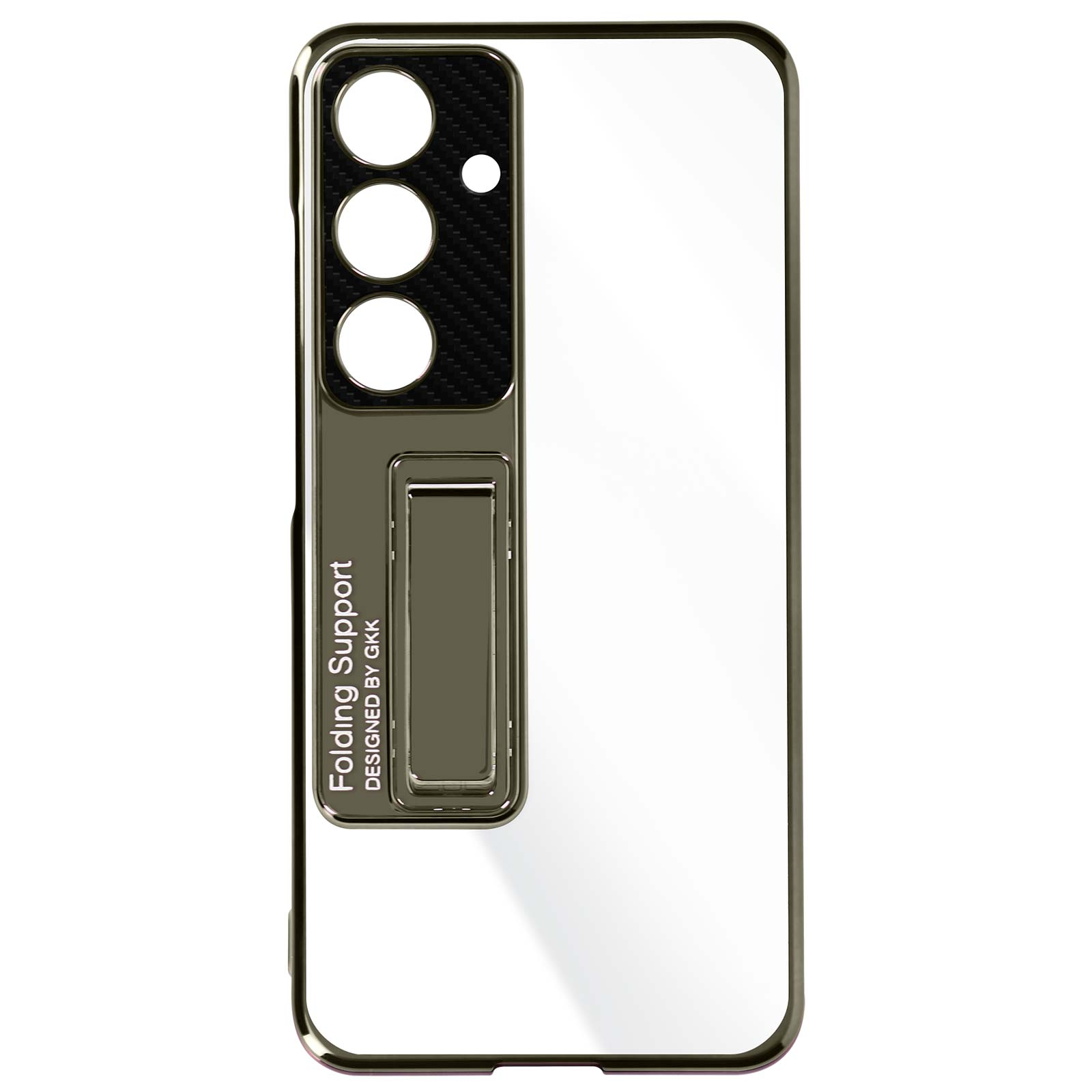 Custodia bianca per telefono con cornice dorata e design in fibra di carbonio. Supporto sul retro.