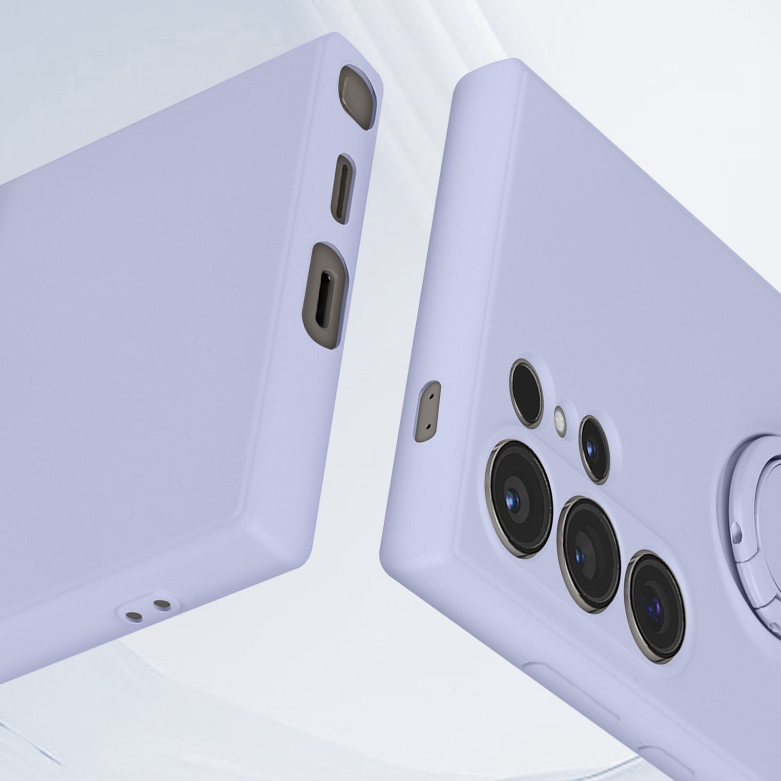 Due custodie per telefono viola chiaro, che mostrano dettagli come aperture per fotocamere e pulsanti, su uno sfondo sfocato.