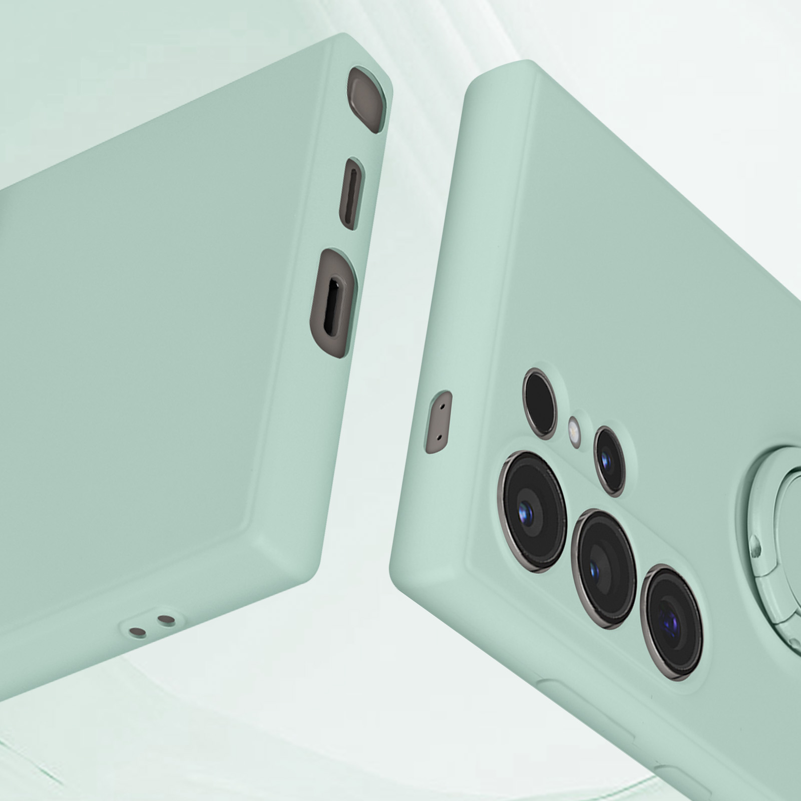 Due custodie per telefono verde chiaro, che mostrano un telefono con lenti della fotocamera. Sfondo bianco.