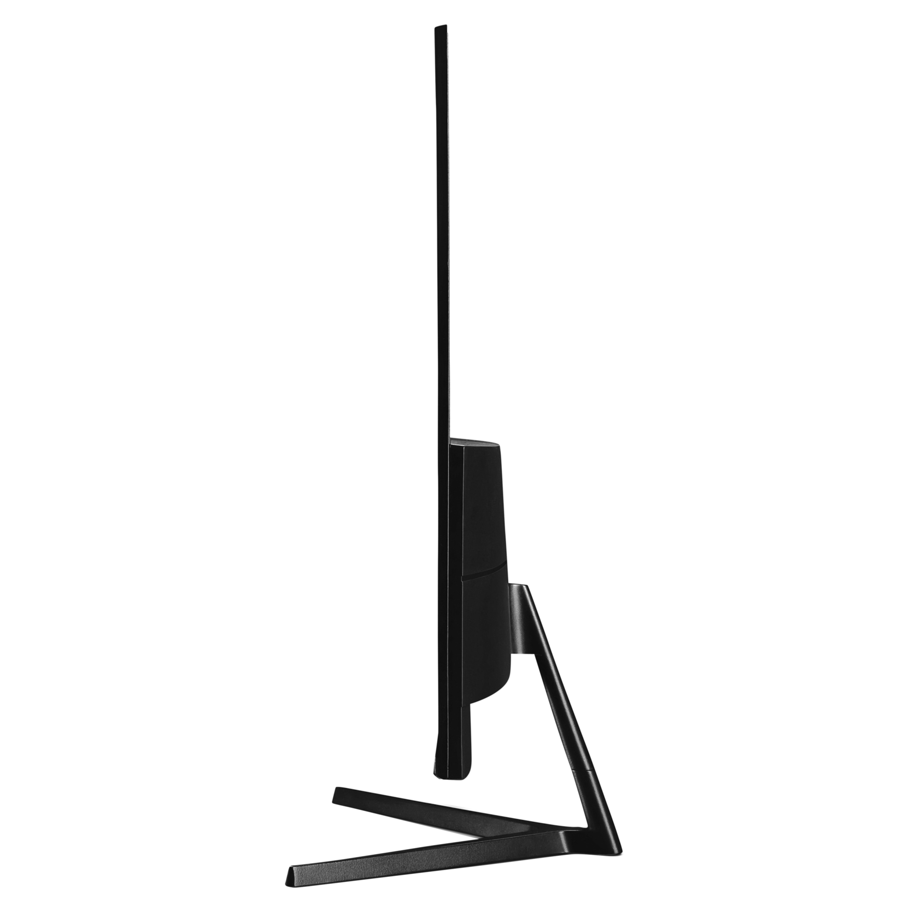Widok z boku eleganckiego, czarnego monitora komputerowego z minimalistycznym stojakiem.