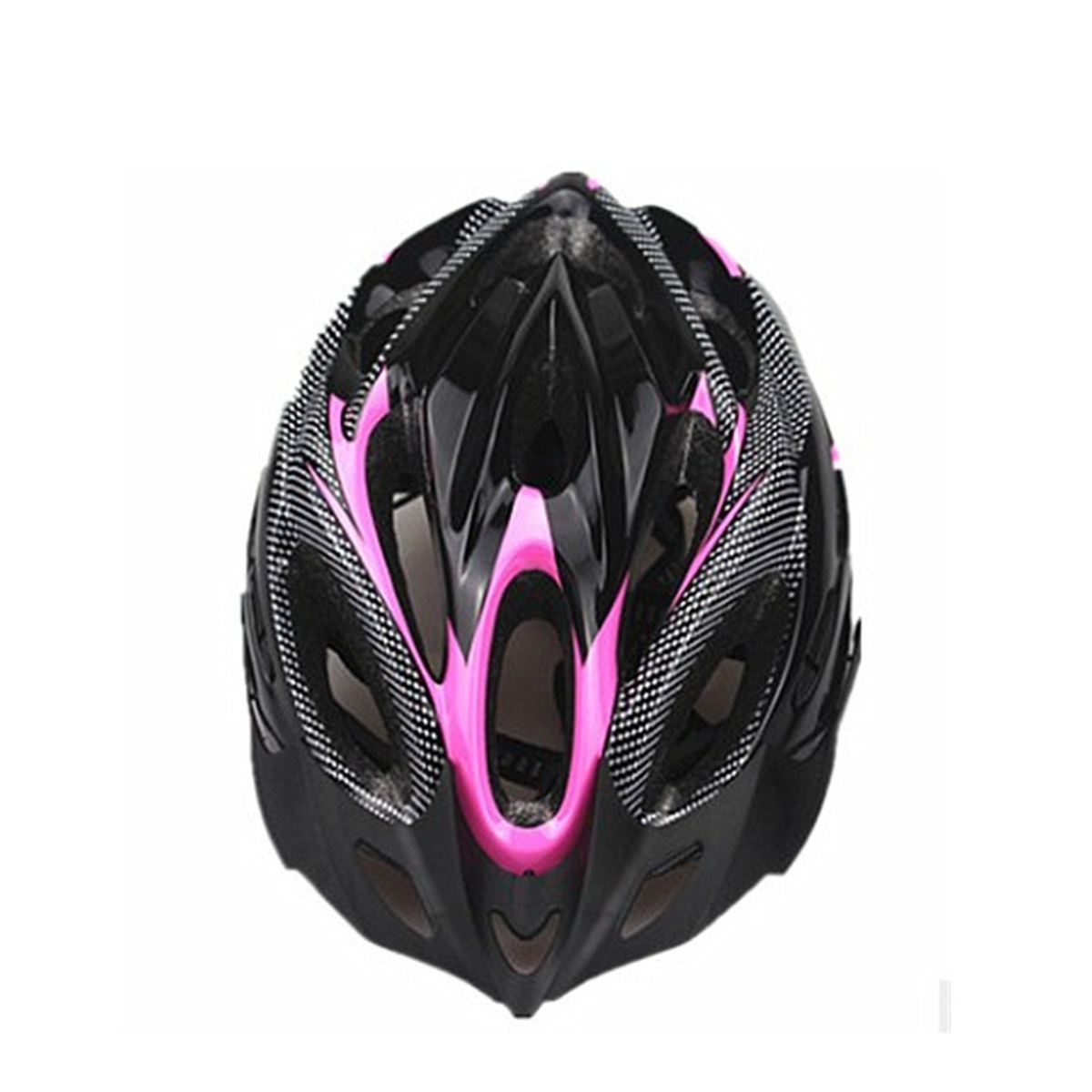 Schwarzer und rosa Fahrradhelm. Er hat Löcher zur Belüftung und ein rosa Innenfutter. Der Helm ist isoliert.