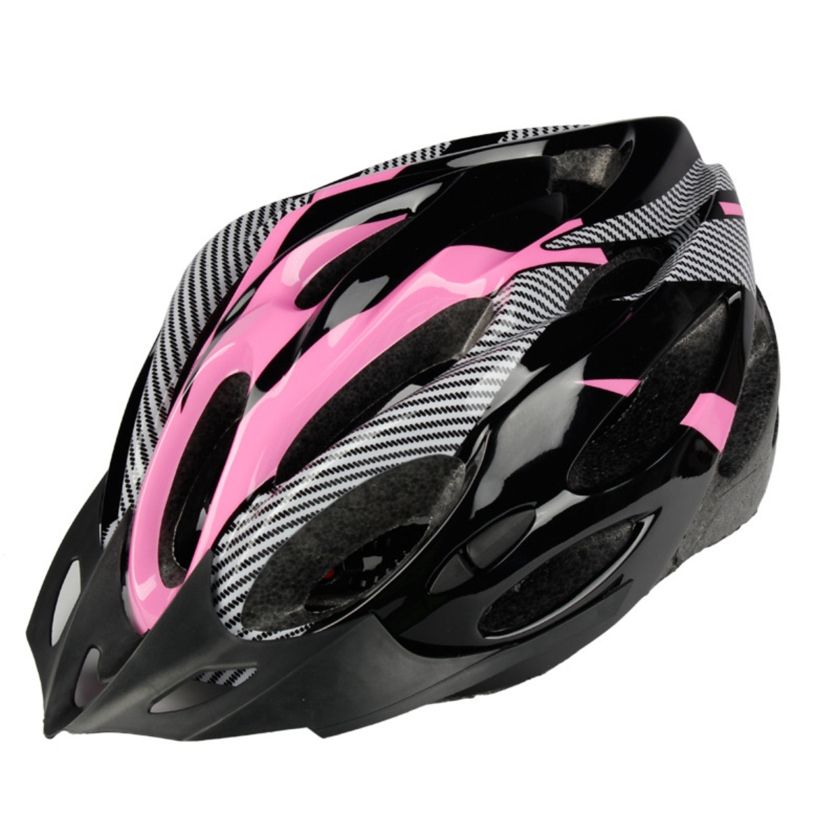 Schwarz-rosa Fahrradhelm mit glänzendem Finish. Schachbrettmuster und Belüftungsöffnungen.