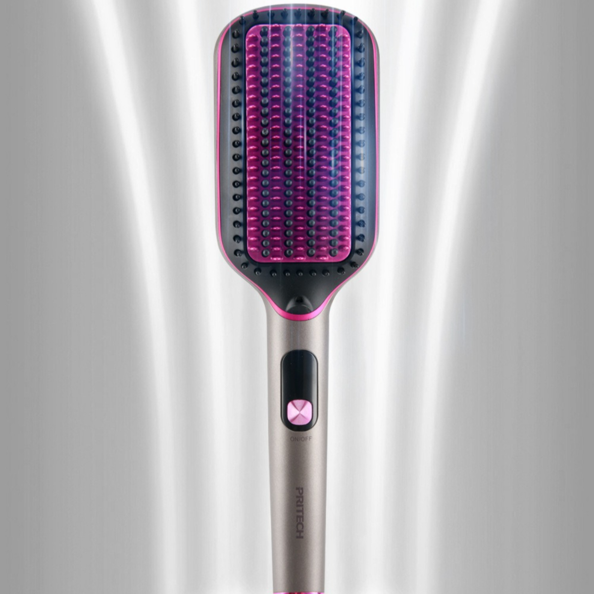Haarglättungsbürste mit rosa Borsten und metallisch-silberfarbenem Griff.