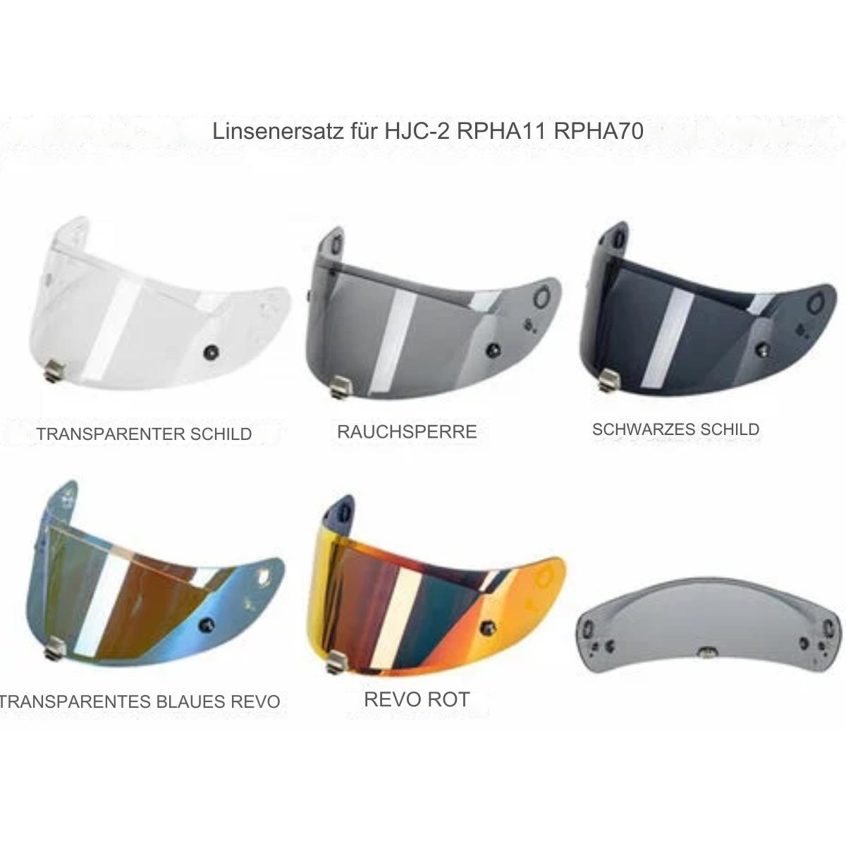 Sechs Motorradhelmvisiere: transparent, Rauch, schwarz, blau revo, revo rot.