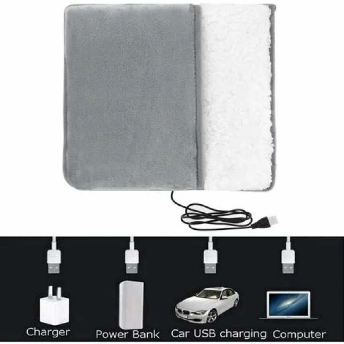 Graues Heizkissen mit weißer, flauschiger Oberseite. USB-Kabel und Anschlüsse.