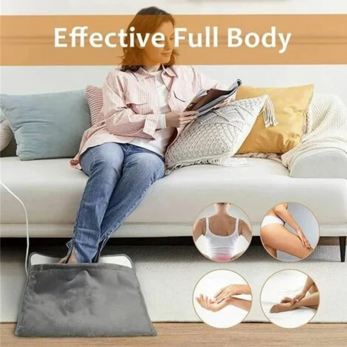 Frau liest auf einer Couch, mit einem Heizkissen unter ihren Füßen und Diagrammen von Körperteilen.
