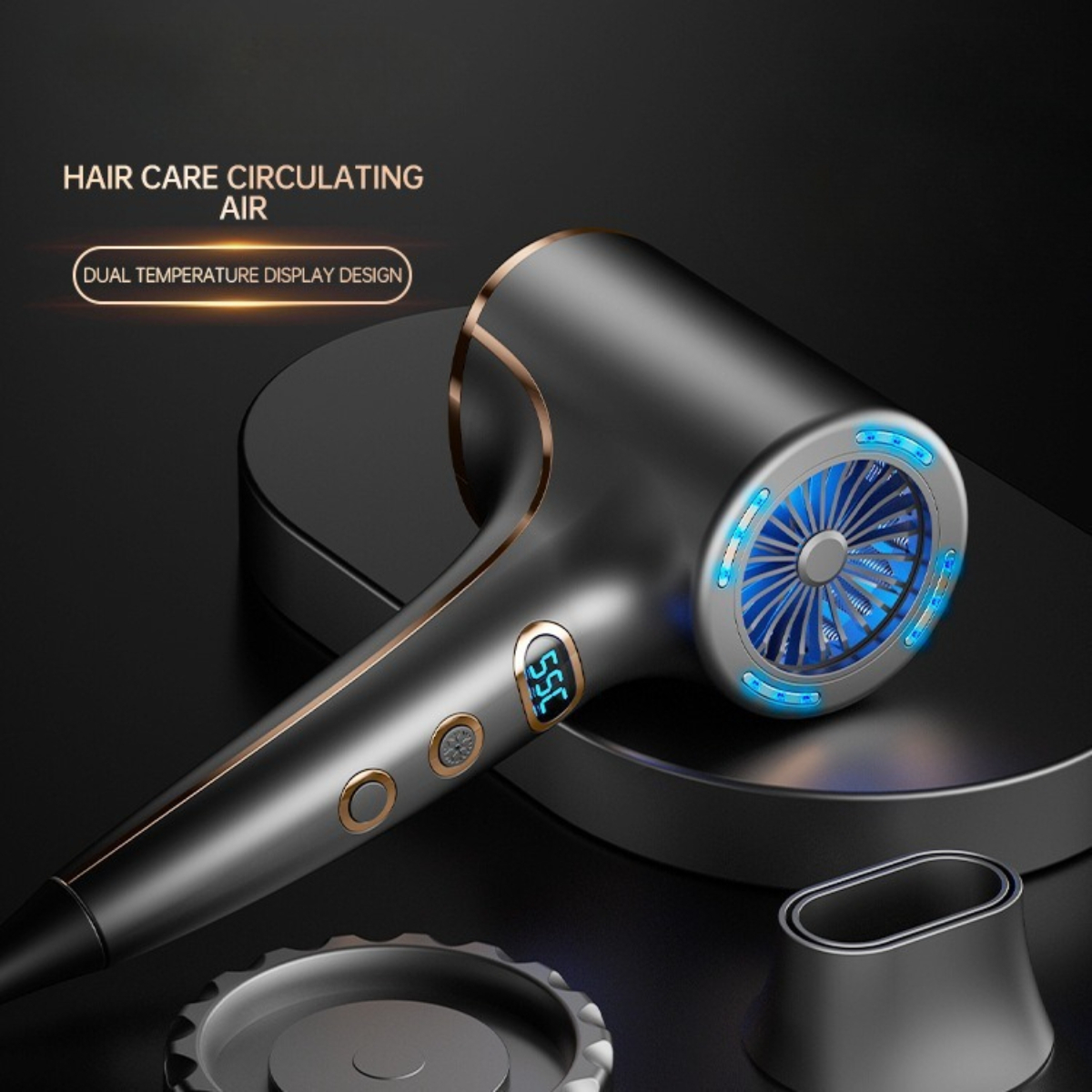 Schwarzer Haartrockner mit blauem Ventilator, goldenen Akzenten und Digitalanzeige.