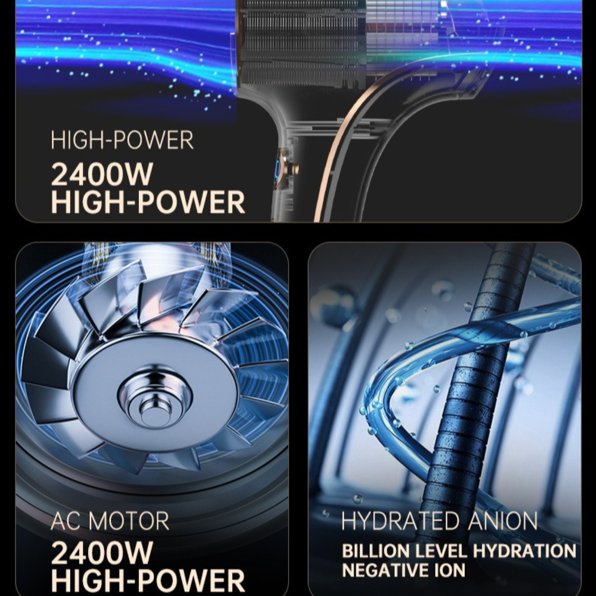 Nahaufnahme von Haartrockner-Komponenten, zeigt Motor, Lüfter und blaue Lichtdetails.