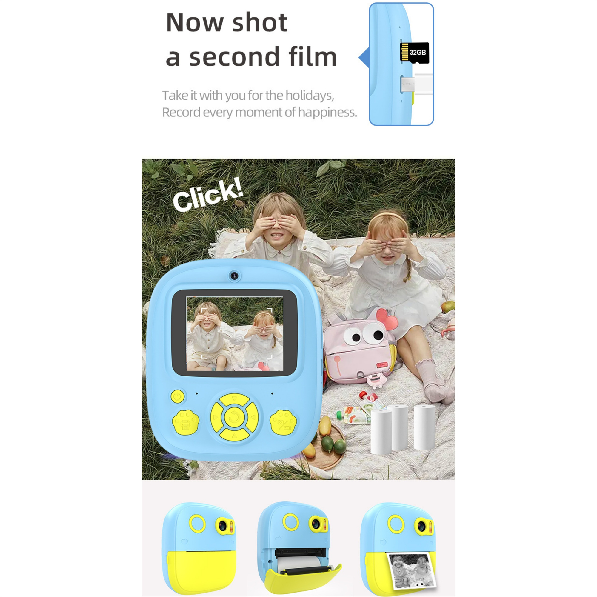 Blaue und gelbe Kamera mit zwei Kindern, die sich die Augen bedecken. Text: Jetzt einen zweiten Film.