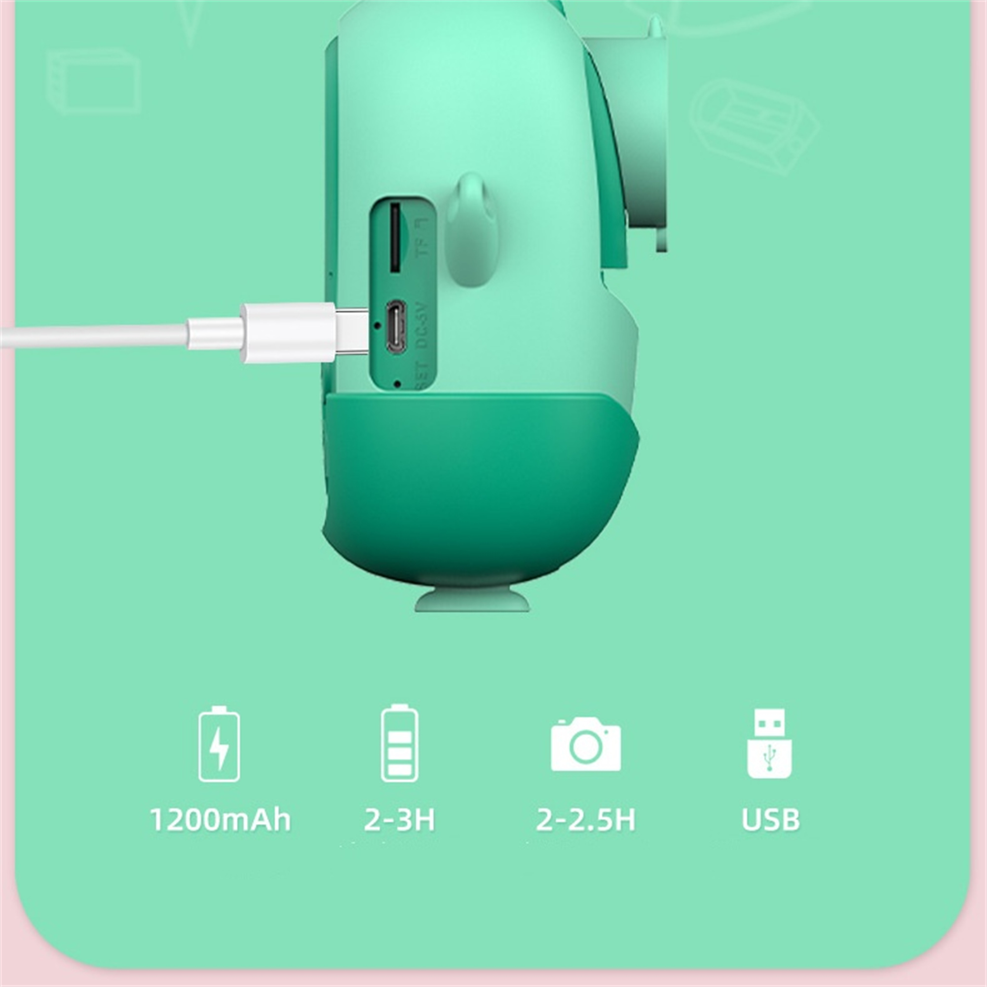 Grünes kameraförmiges Gerät mit angeschlossenem Ladekabel und Symbolen für Akku, Kamera und USB.