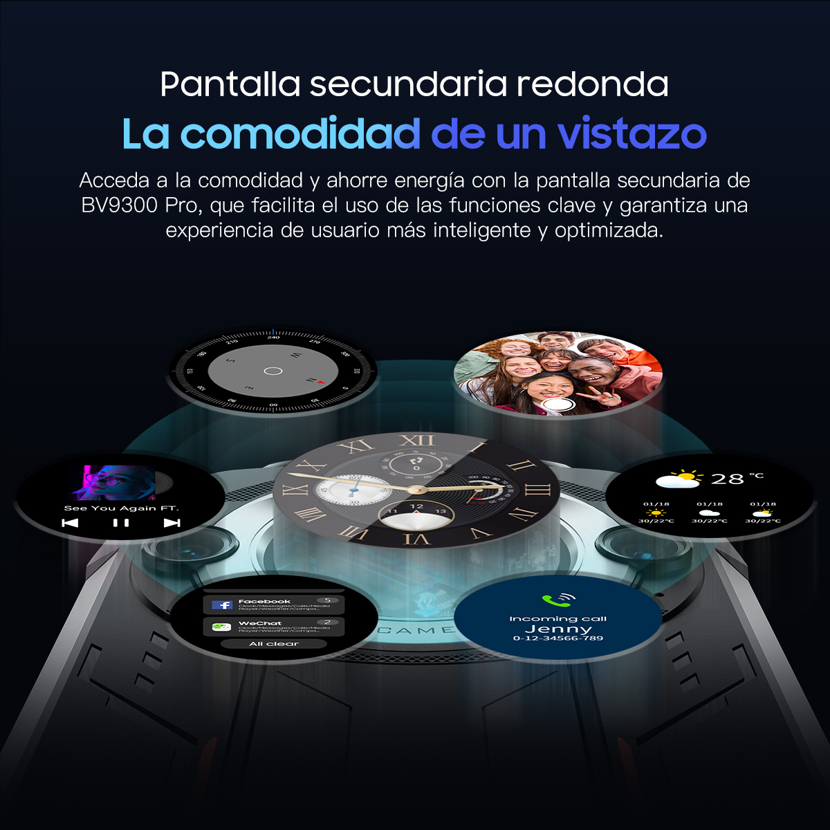 Una interfaz de reloj inteligente que muestra varias funciones sobre un fondo oscuro.