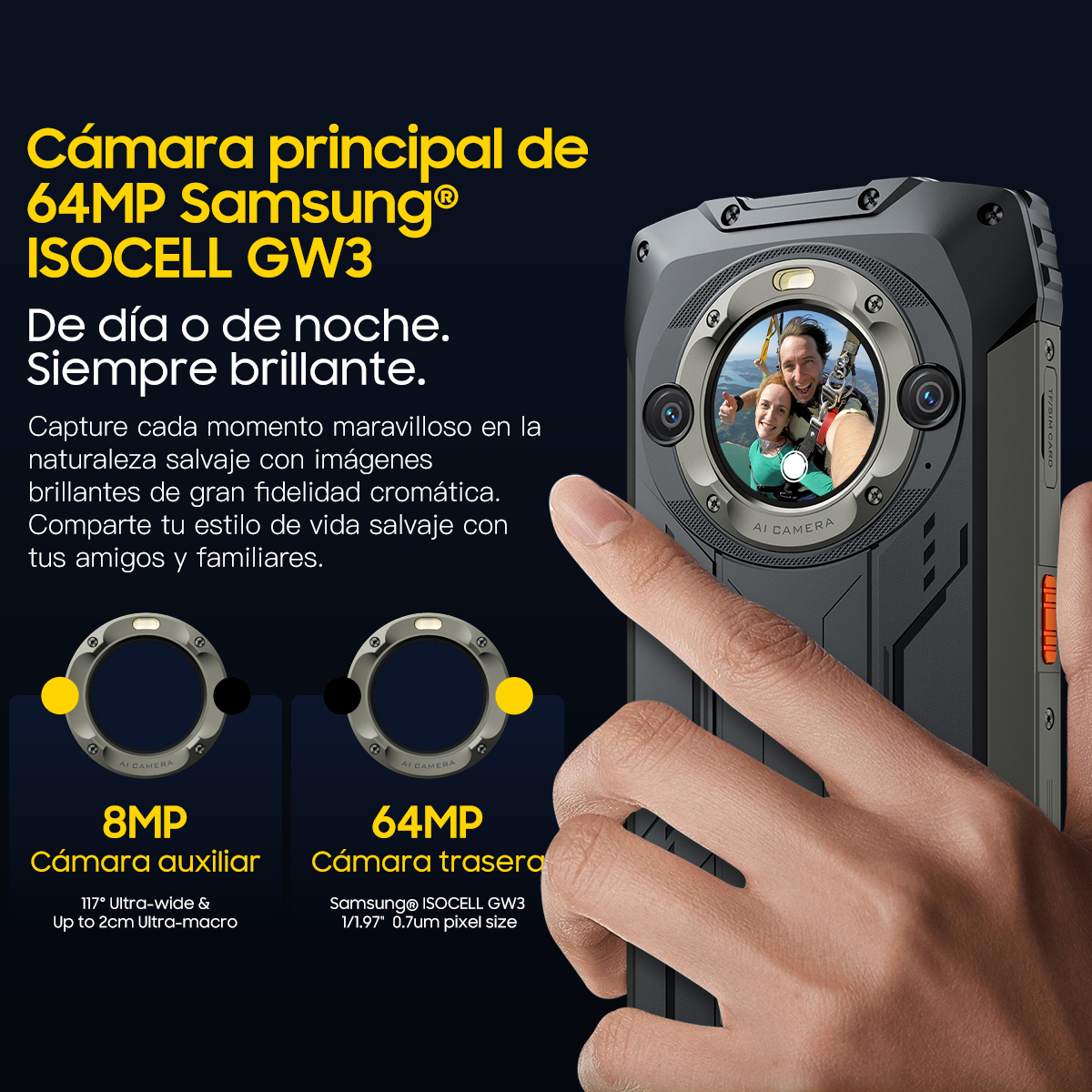 Teléfono negro resistente. Mujer sosteniéndolo. Muestra especificaciones: 64MP trasera, 8MP aux.