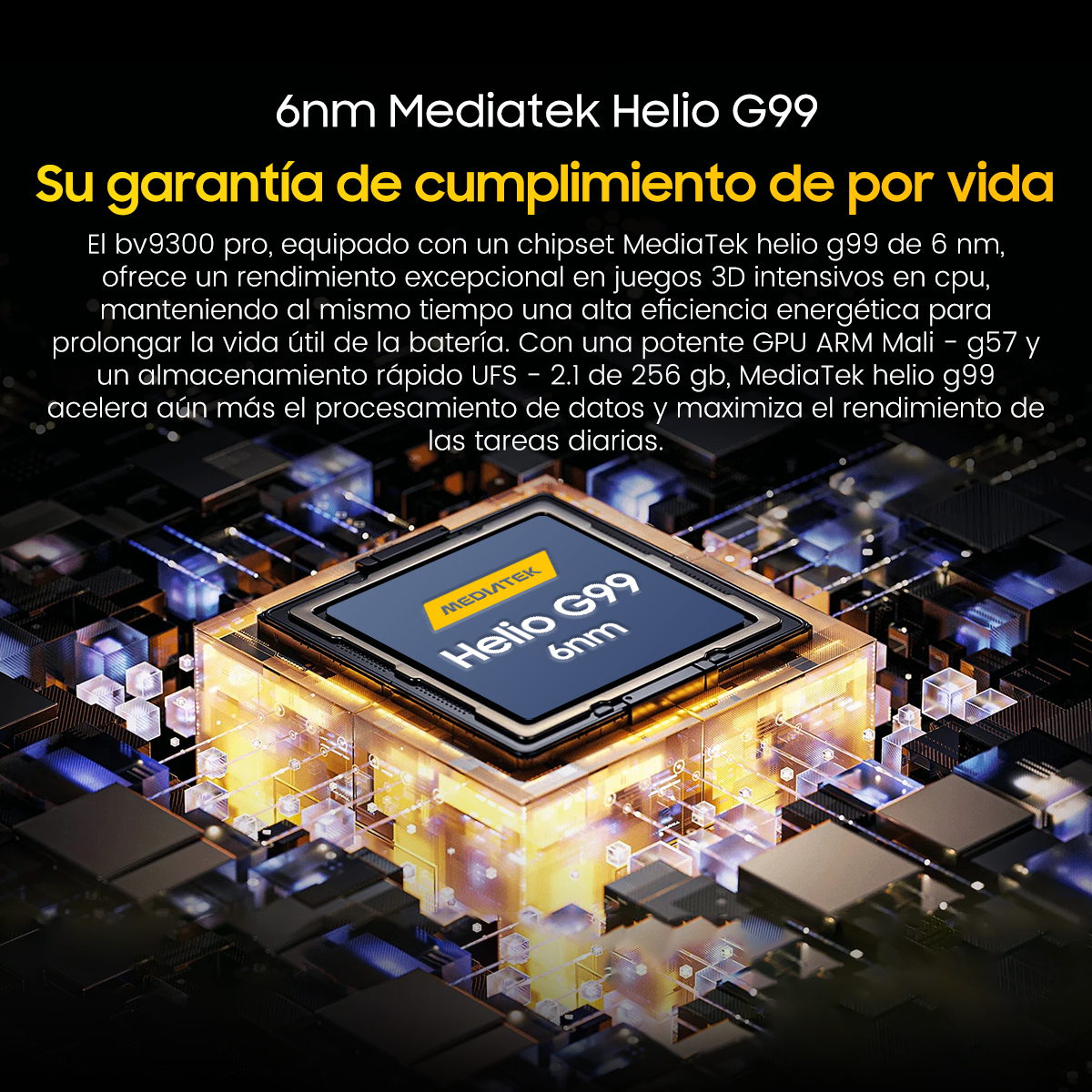 Primer plano del procesador de un teléfono. Texto en español sobre sus características.