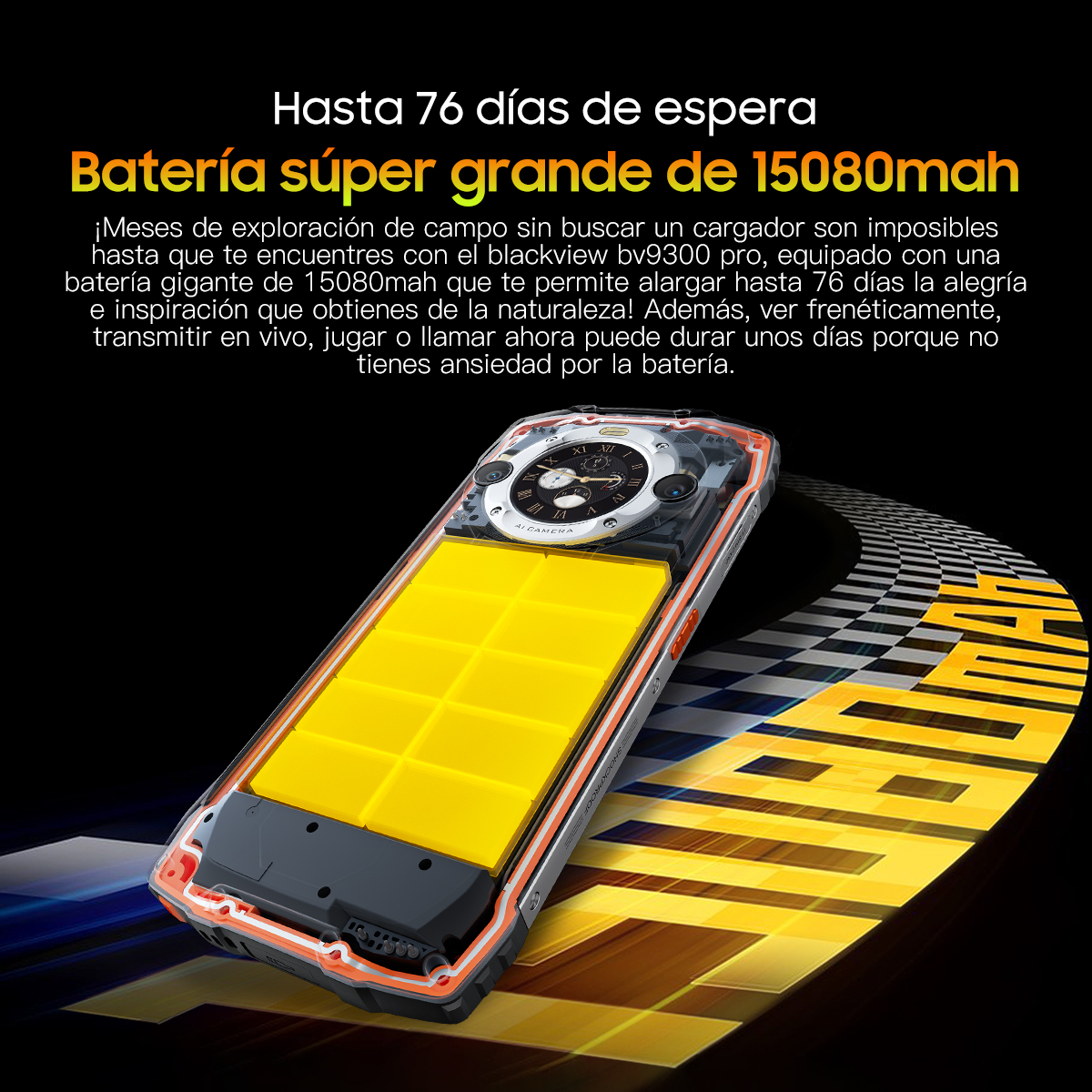 Un smartphone con batería grande y parte trasera transparente.