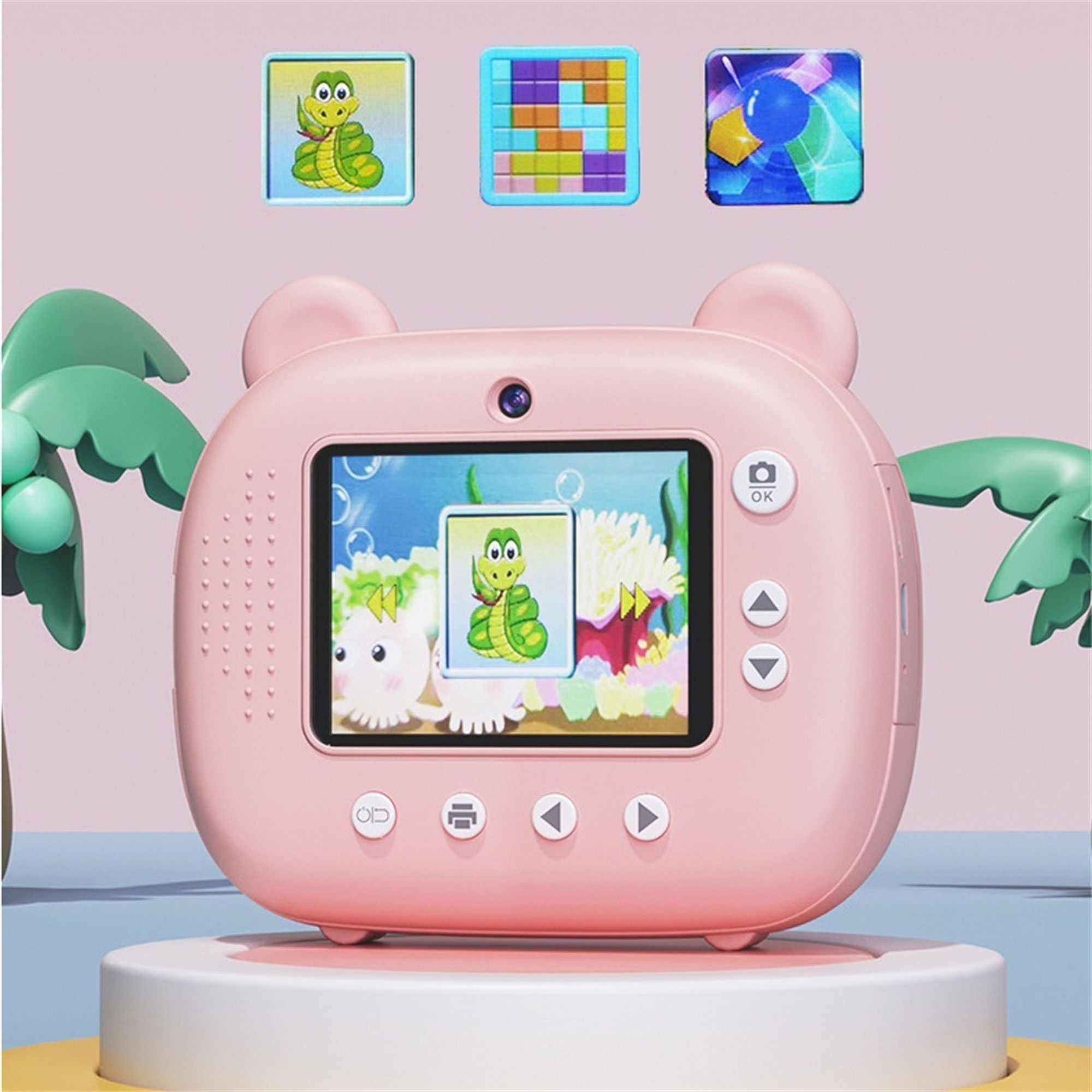 Rosa Kinderkamera mit Bildschirm und Cartoon-Grafiken. Es gibt Knöpfe und ein Objektiv. Drei kleine Bilder werden gezeigt.