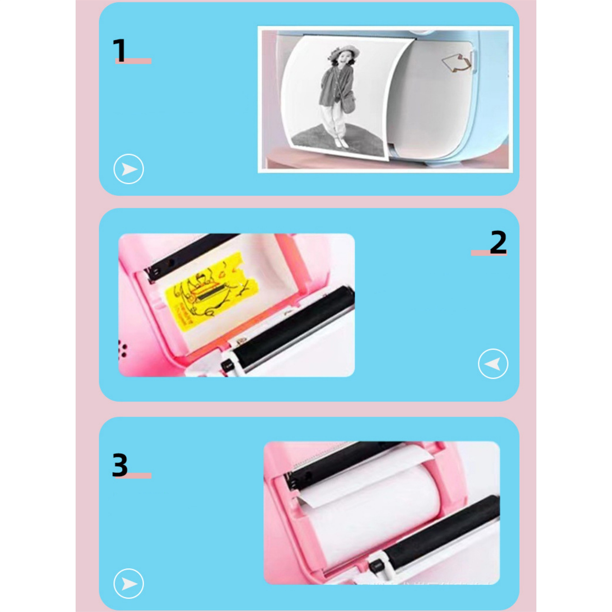 Dreistufiger Fotodrucker: Drucken eines Fotos, geöffnet mit gelbem Etikett und Papierrolle im Inneren.