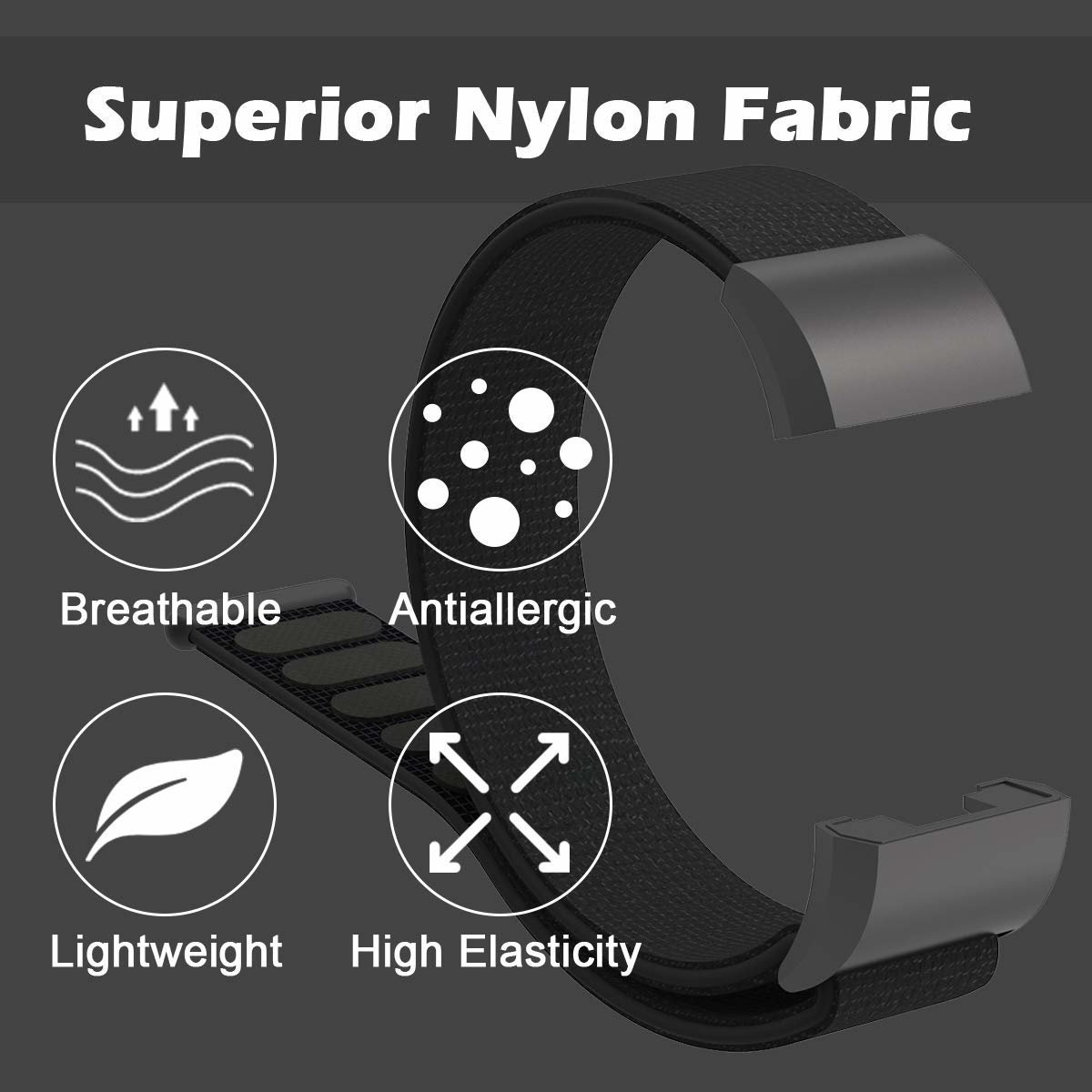 Ein schwarzes Nylon-Armband mit weißen und schwarzen Logos. Es hat ein leichtes und atmungsaktives Design.