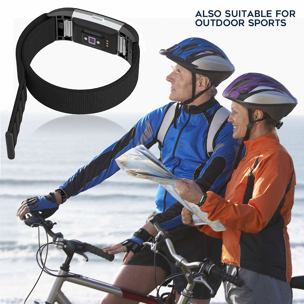 Zwei Personen tragen Fitnesstracker und Helme, stehen in der Nähe eines Fahrrads und einer Karte.