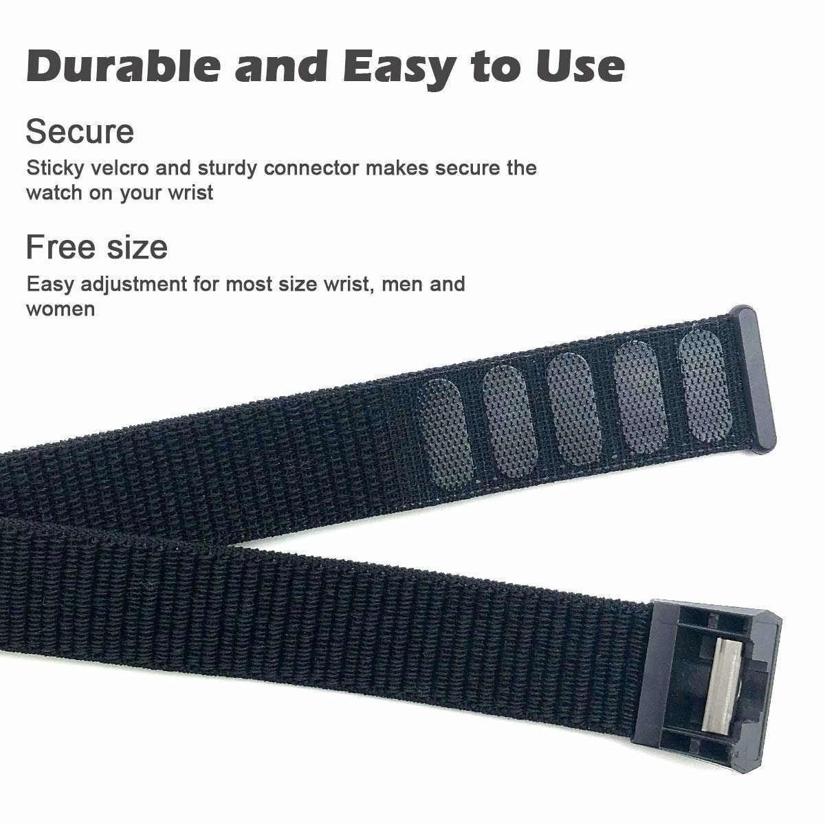 Schwarzes Uhrenarmband mit Klettverschluss, Text 'Durable and Easy to Use' und 'Free size'.