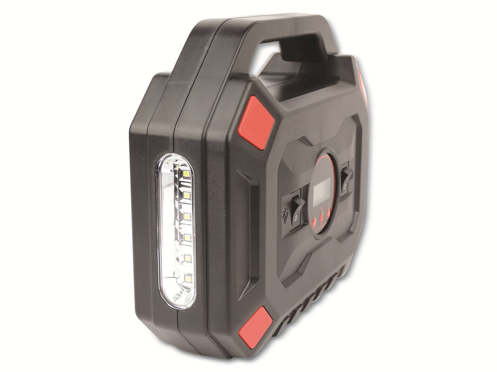 Ein schwarzer und roter tragbarer Luftkompressor mit Licht und digitaler Anzeige.